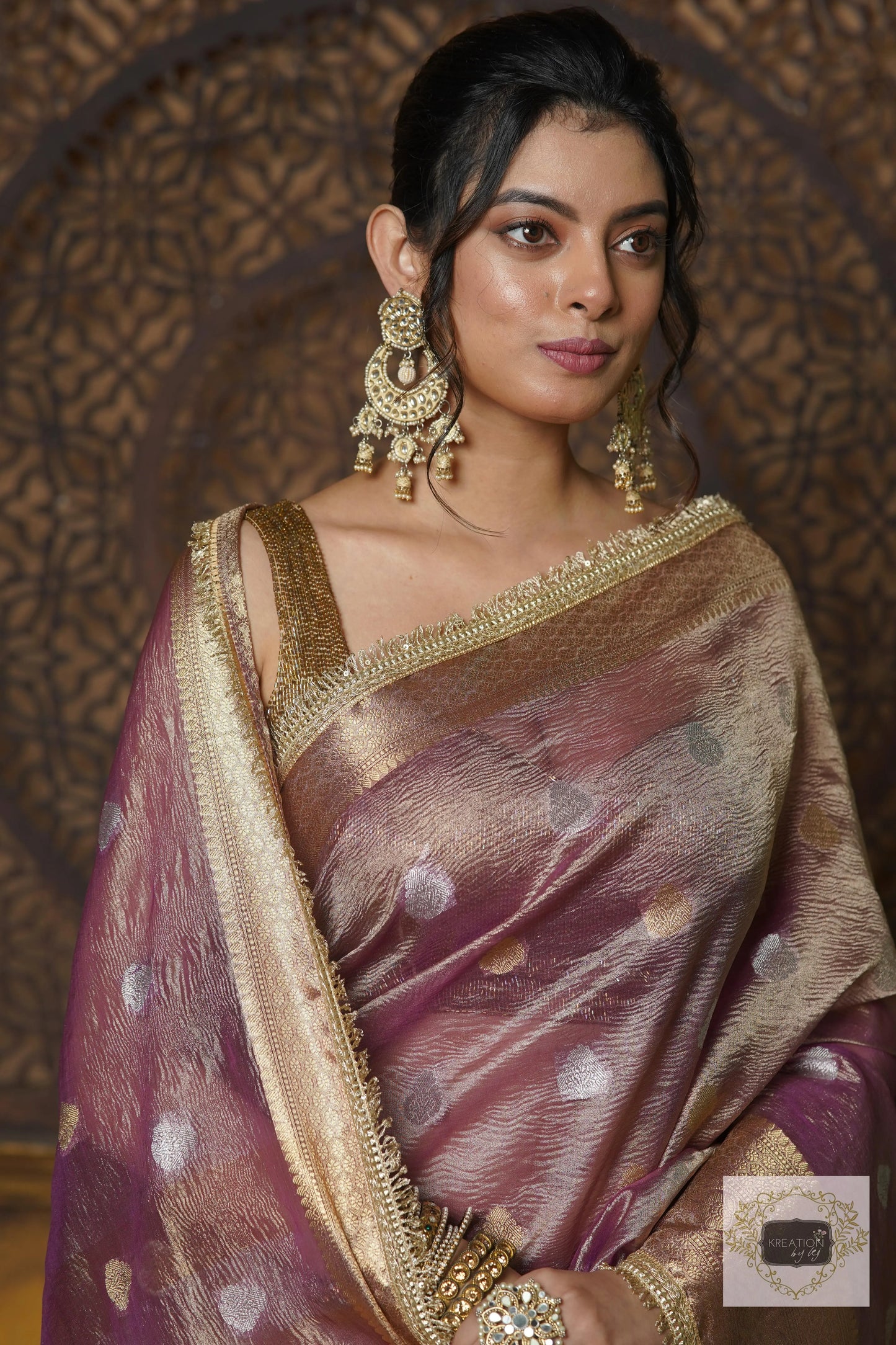 Light Purple Tissue Banarasi Saree with Golden Border kreationbykj