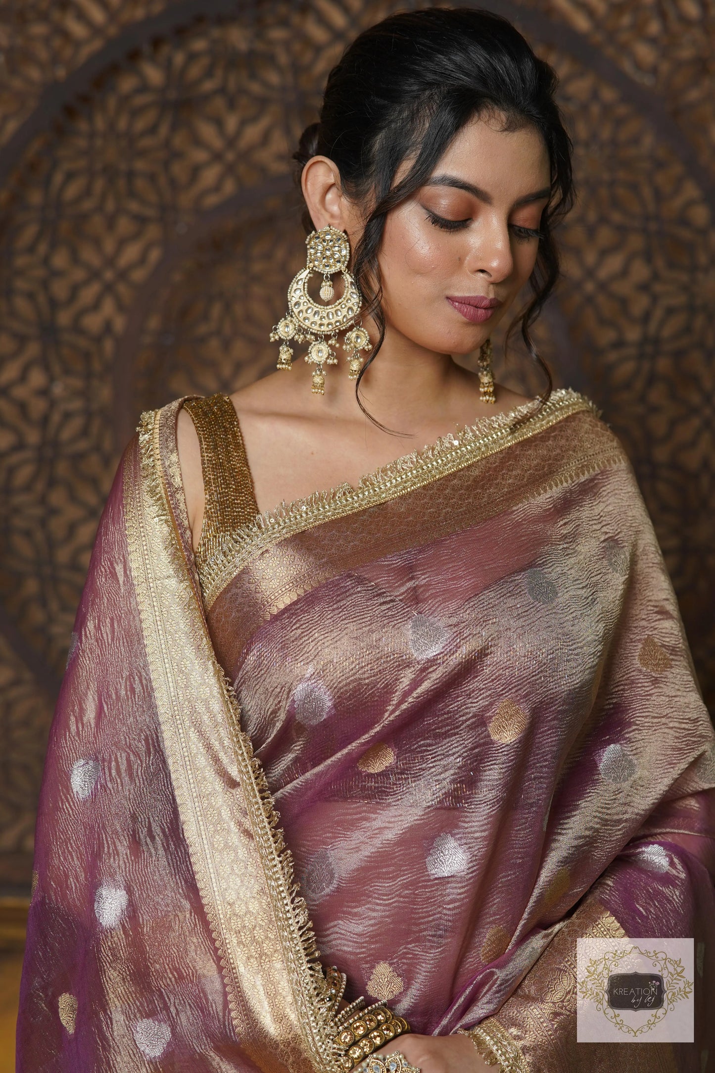 Light Purple Tissue Banarasi Saree with Golden Border kreationbykj