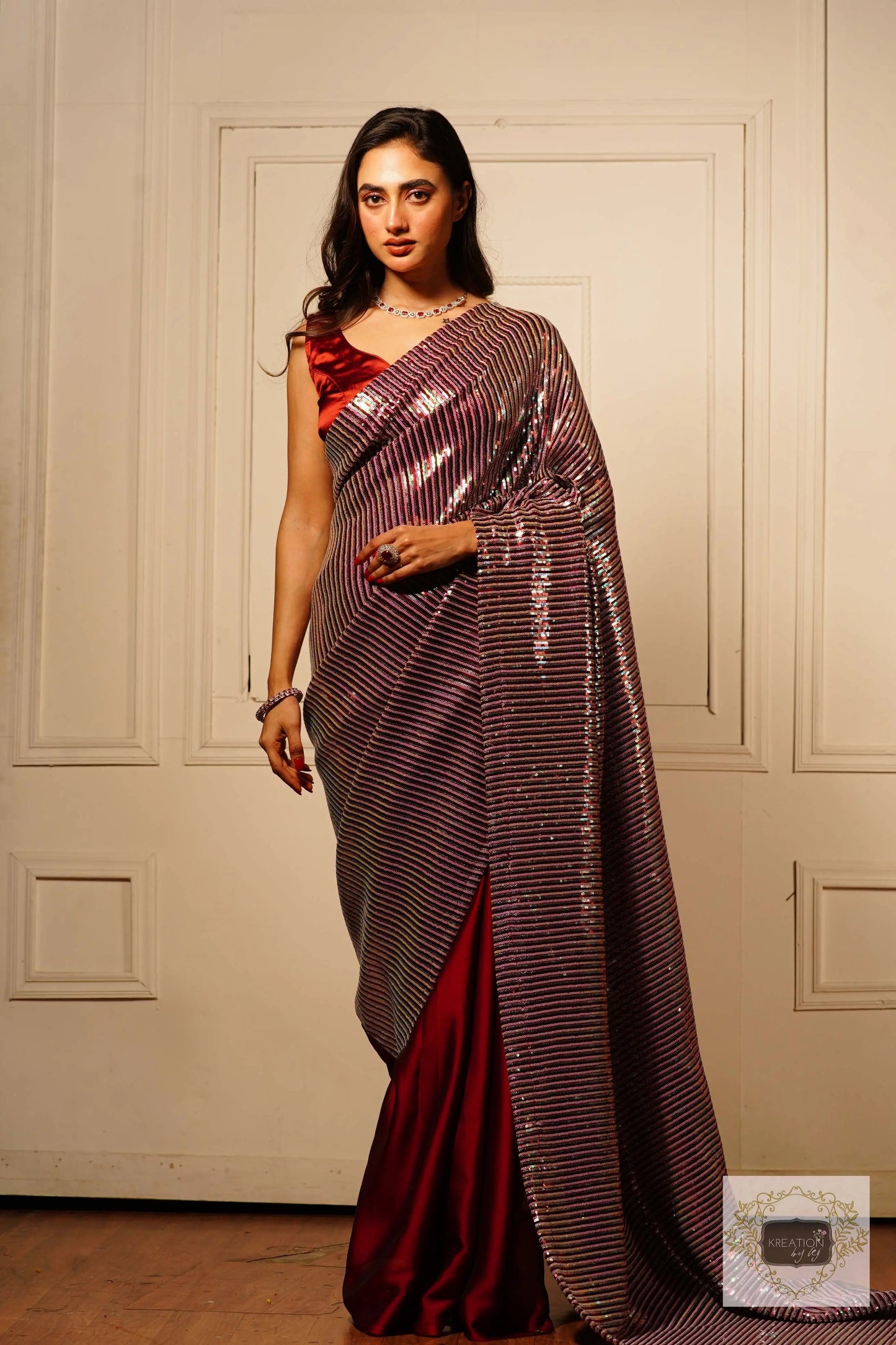 Dazzle Maroon Sequin Half Saree kreationbykj
