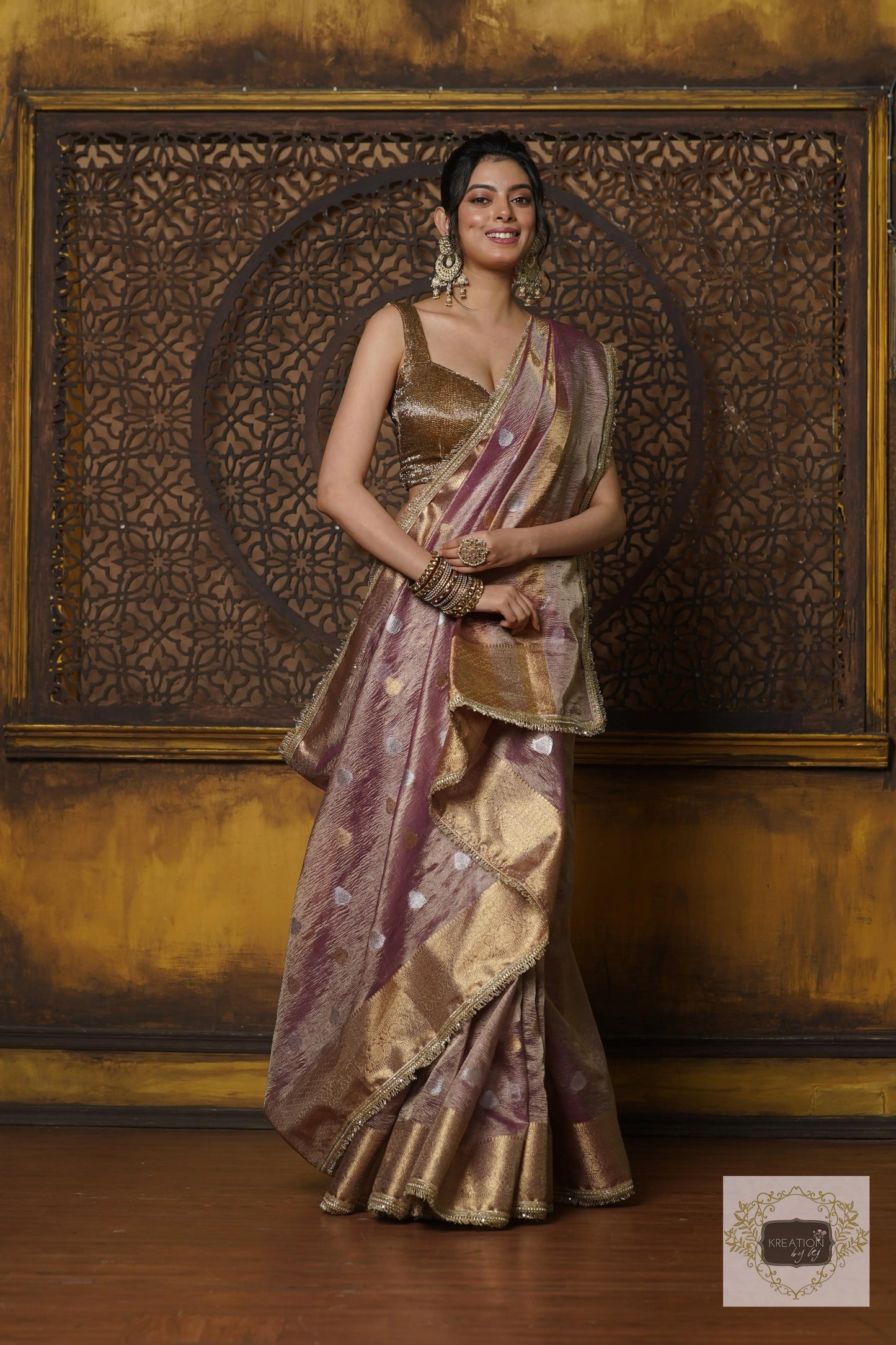 Light Purple Tissue Banarasi Saree with Golden Border kreationbykj
