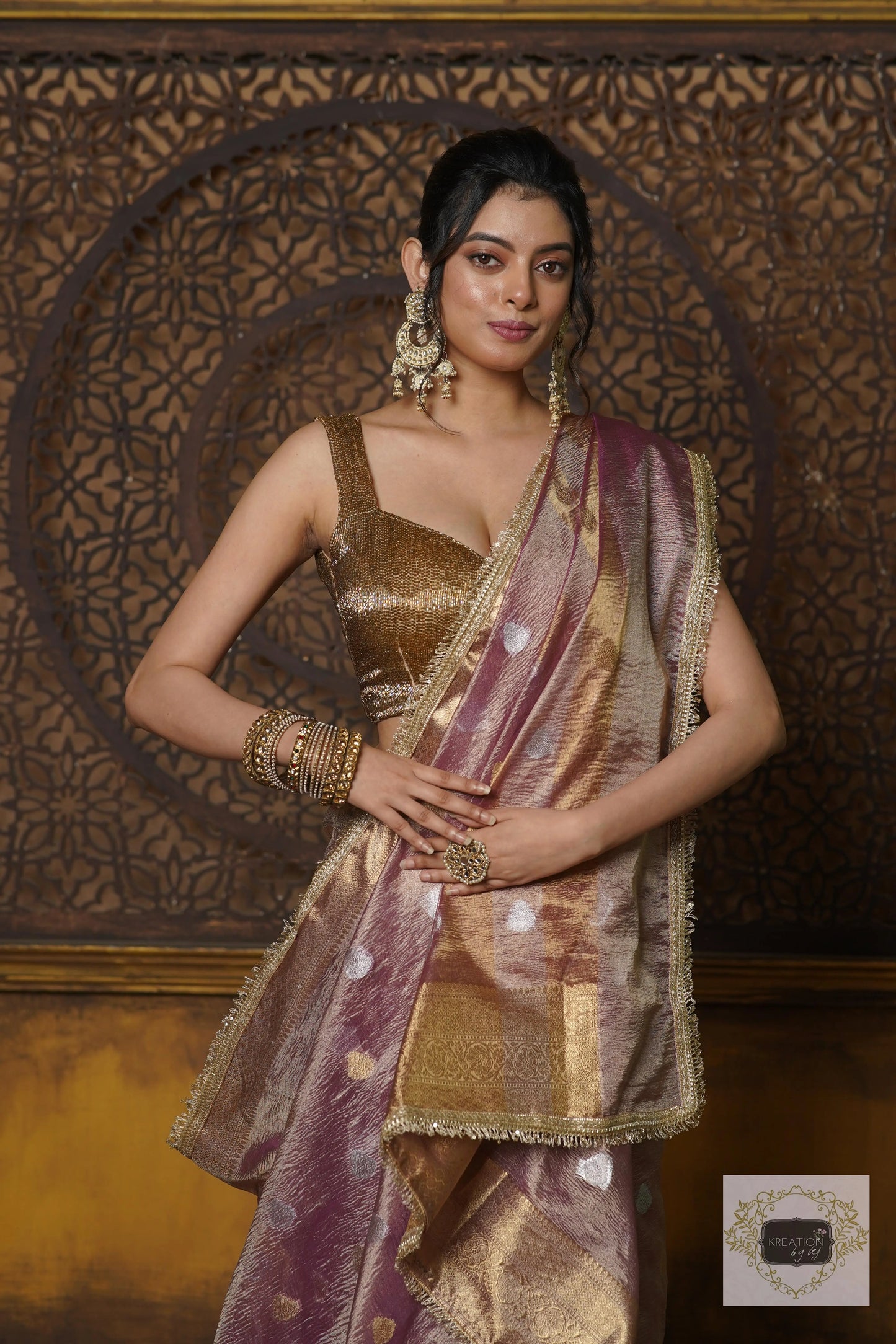 Light Purple Tissue Banarasi Saree with Golden Border kreationbykj