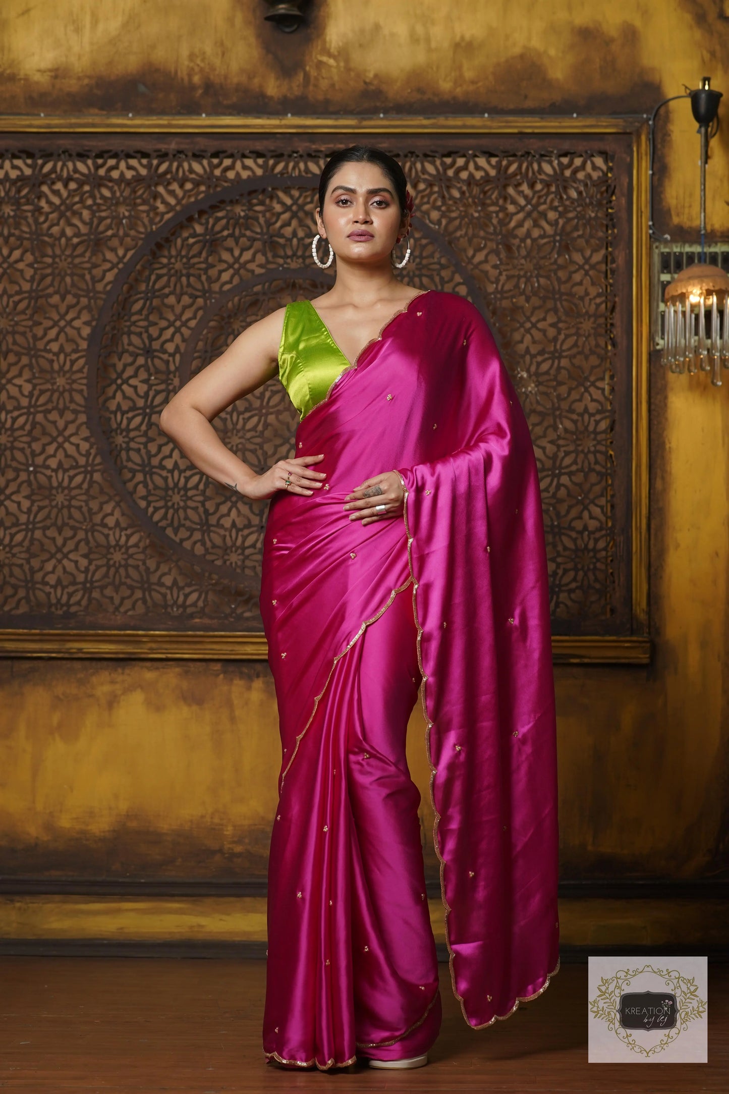 Hot Pink Satin Silk Saree With Handembroidered Scalloping kreationbykj