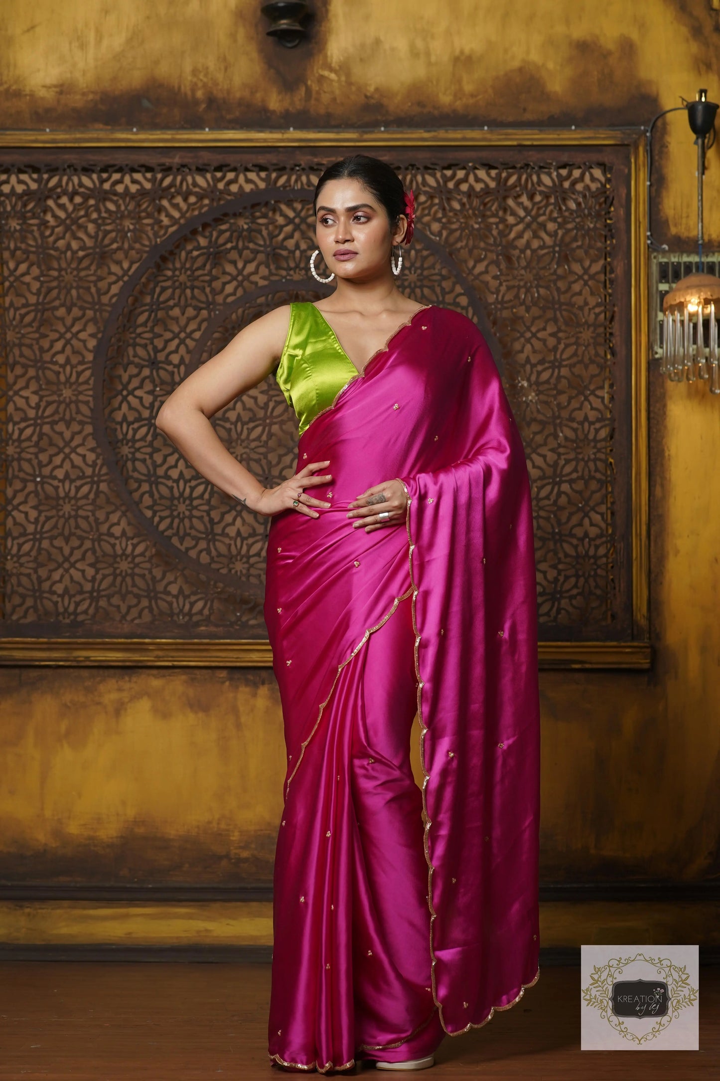 Hot Pink Satin Silk Saree With Handembroidered Scalloping kreationbykj