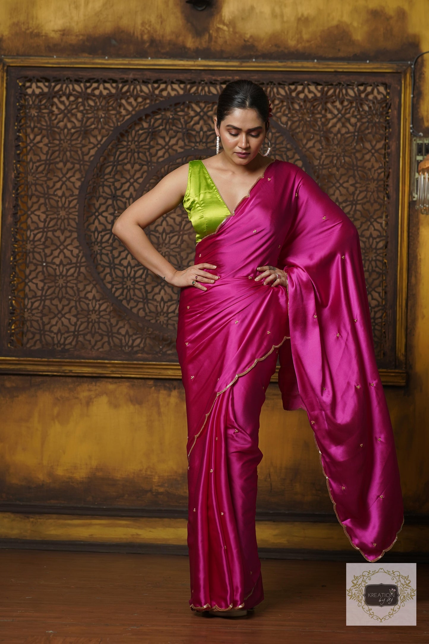 Hot Pink Satin Silk Saree With Handembroidered Scalloping