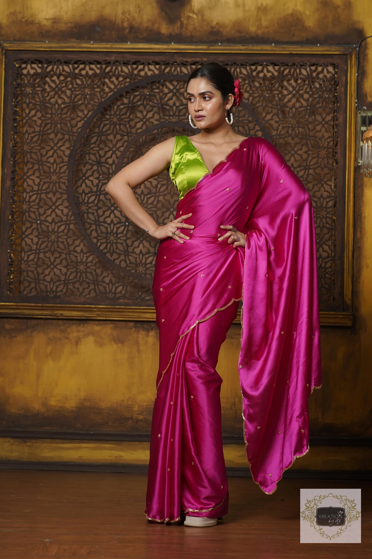 Hot Pink Satin Silk Saree With Handembroidered Scalloping kreationbykj