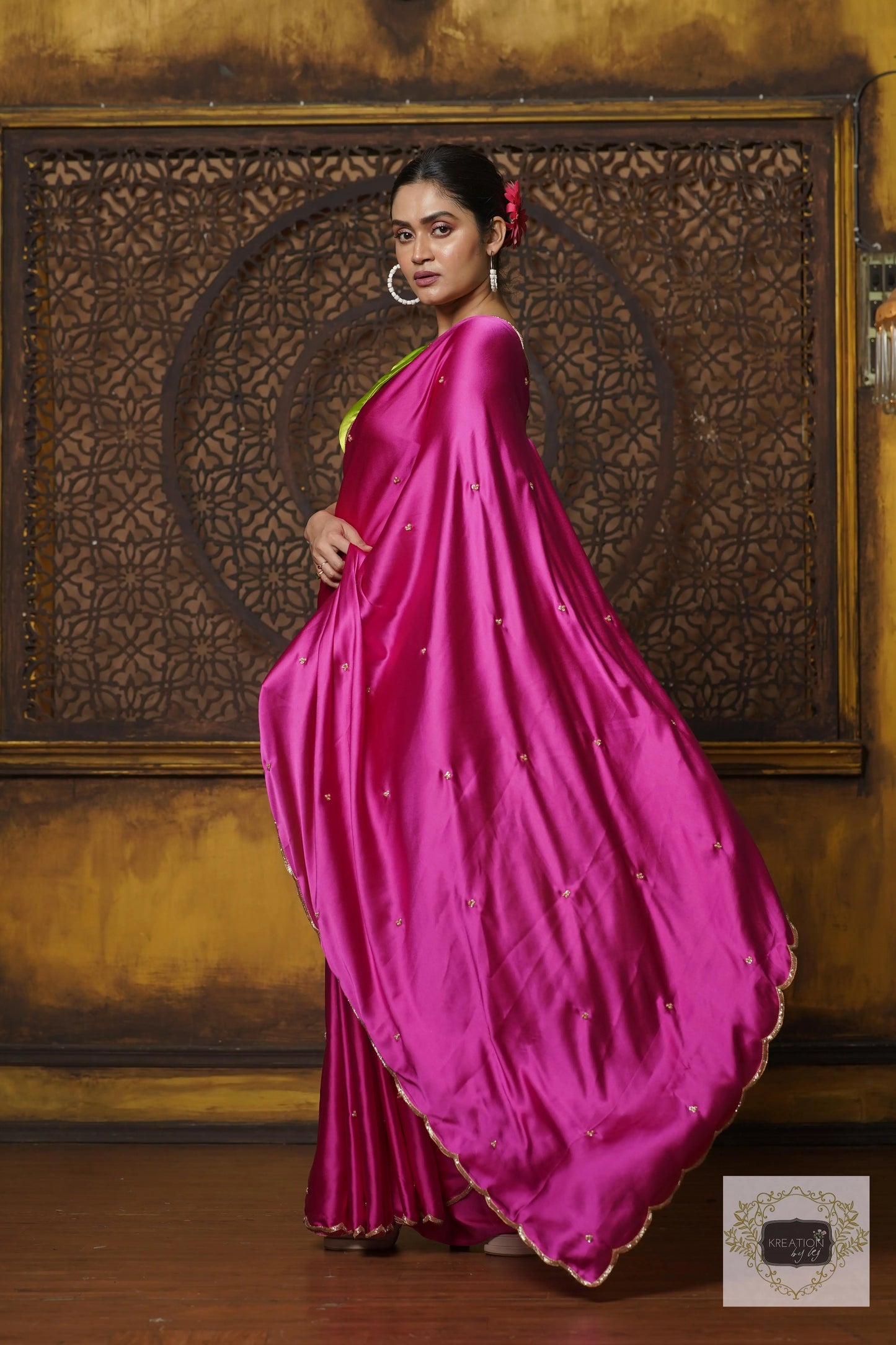 Hot Pink Satin Silk Saree With Handembroidered Scalloping kreationbykj