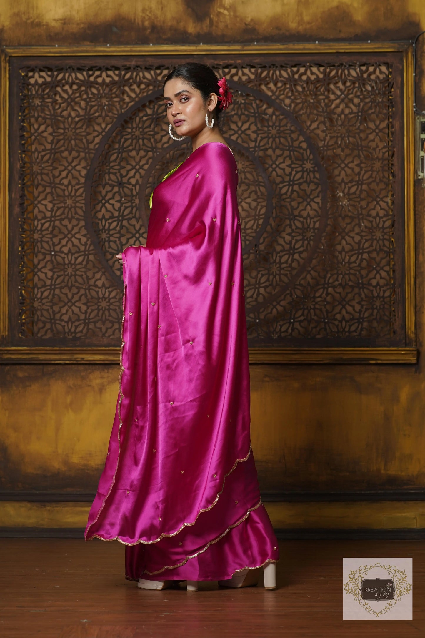 Hot Pink Satin Silk Saree With Handembroidered Scalloping kreationbykj