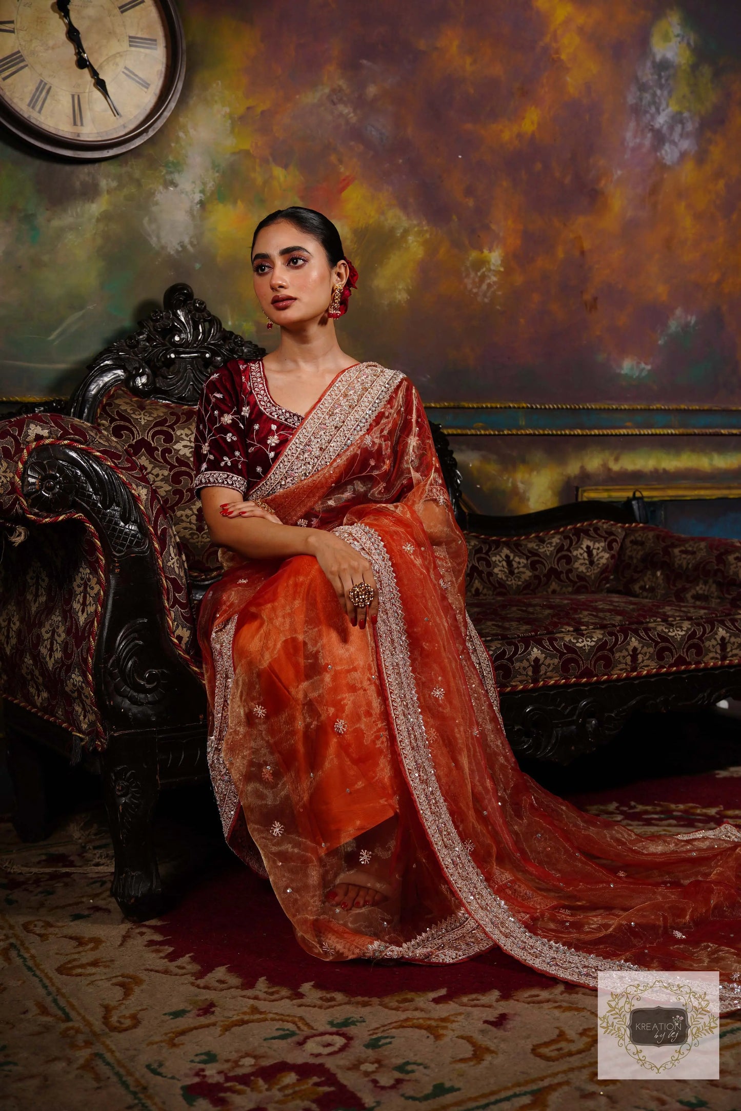 Nazakat Marigold Glass Tissue Bridal Saree kreationbykj