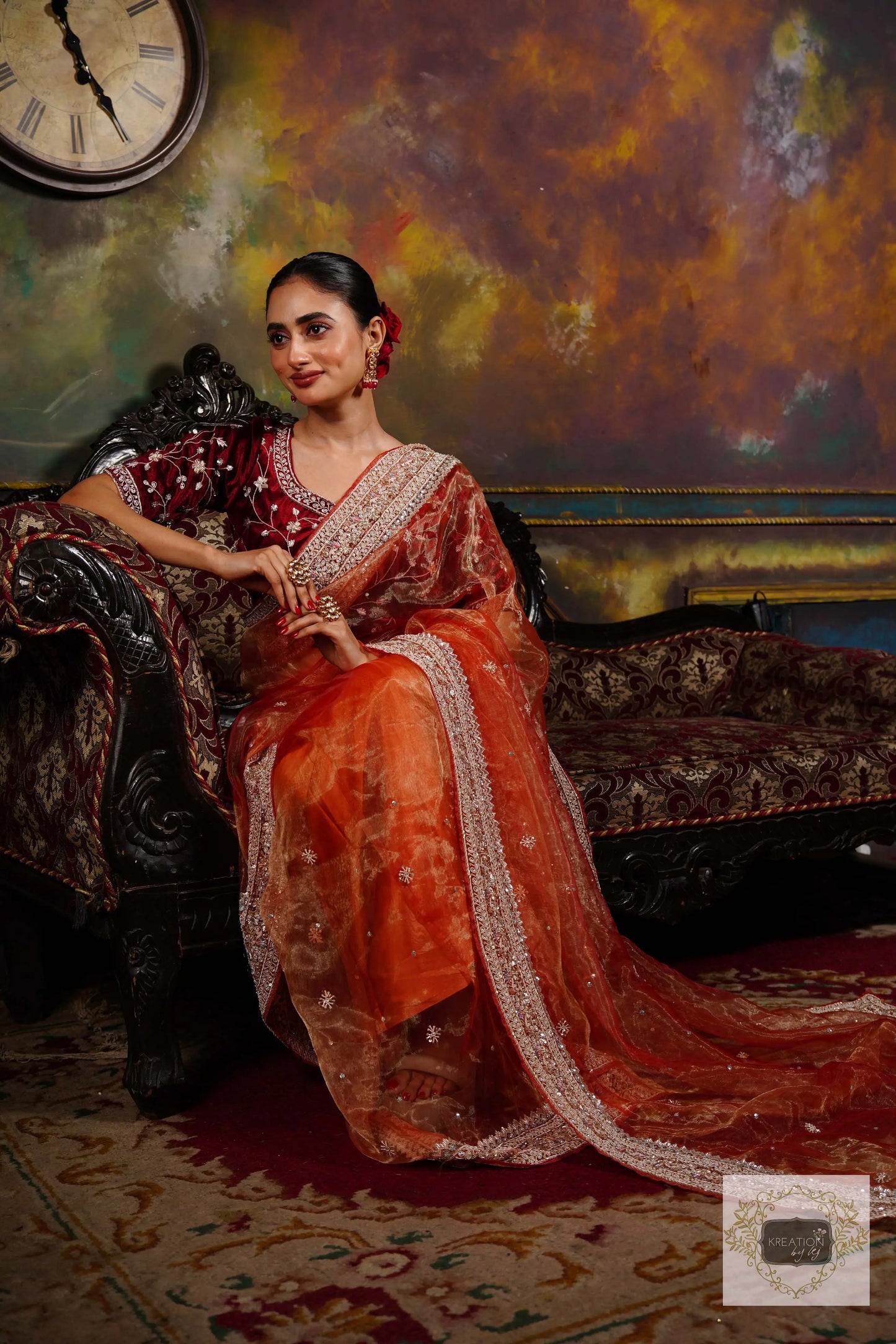 Nazakat Marigold Glass Tissue Bridal Saree kreationbykj