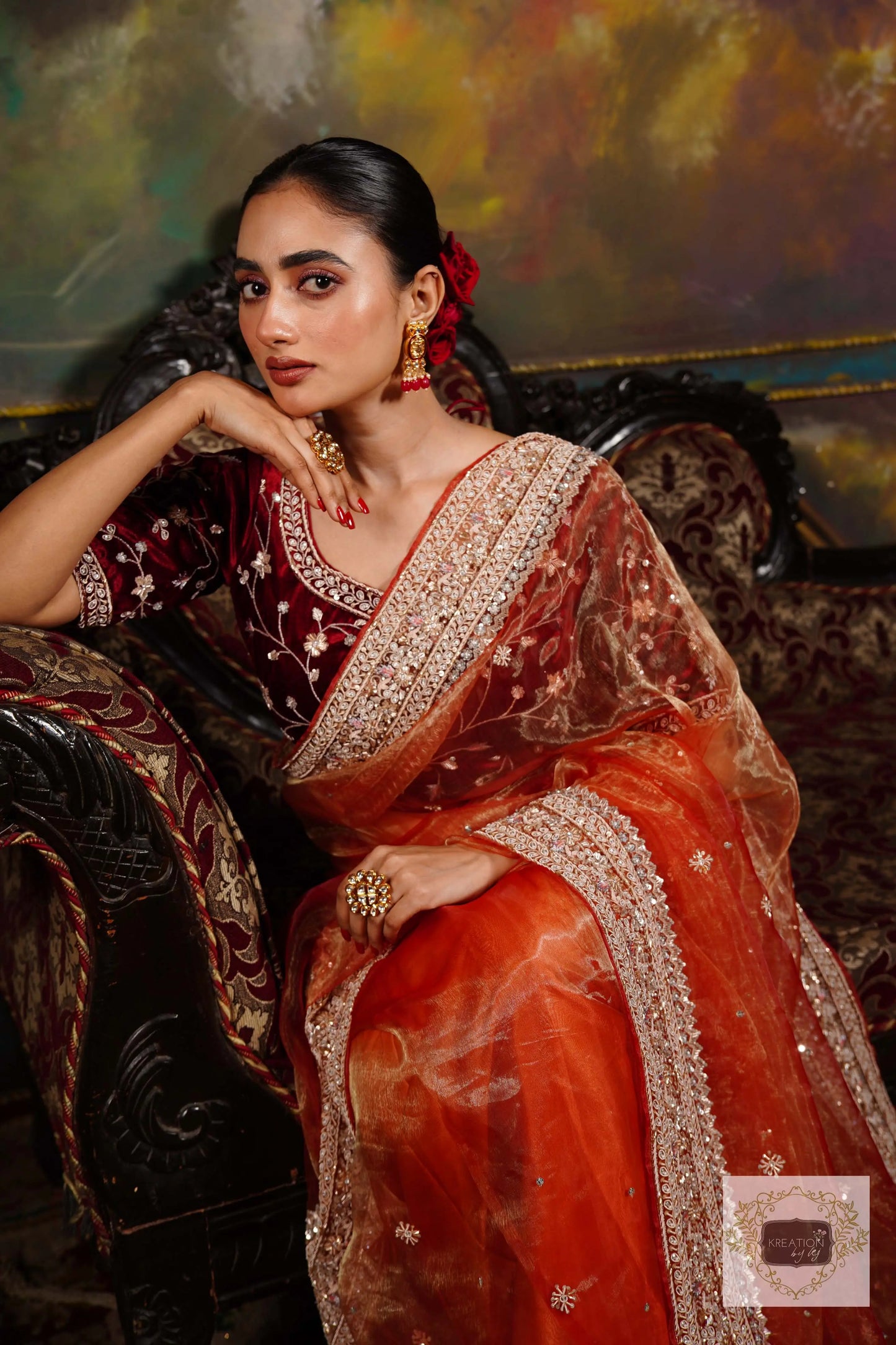 Nazakat Marigold Glass Tissue Bridal Saree kreationbykj