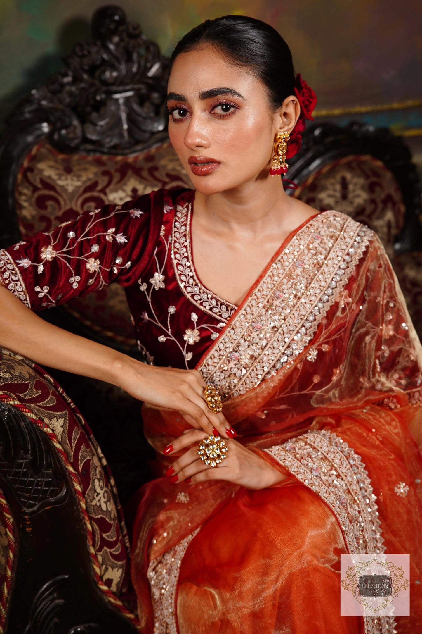Nazakat Marigold Glass Tissue Bridal Saree kreationbykj