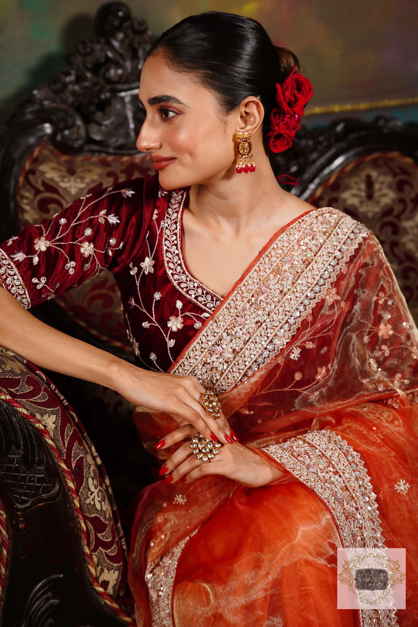 Nazakat Marigold Glass Tissue Bridal Saree kreationbykj