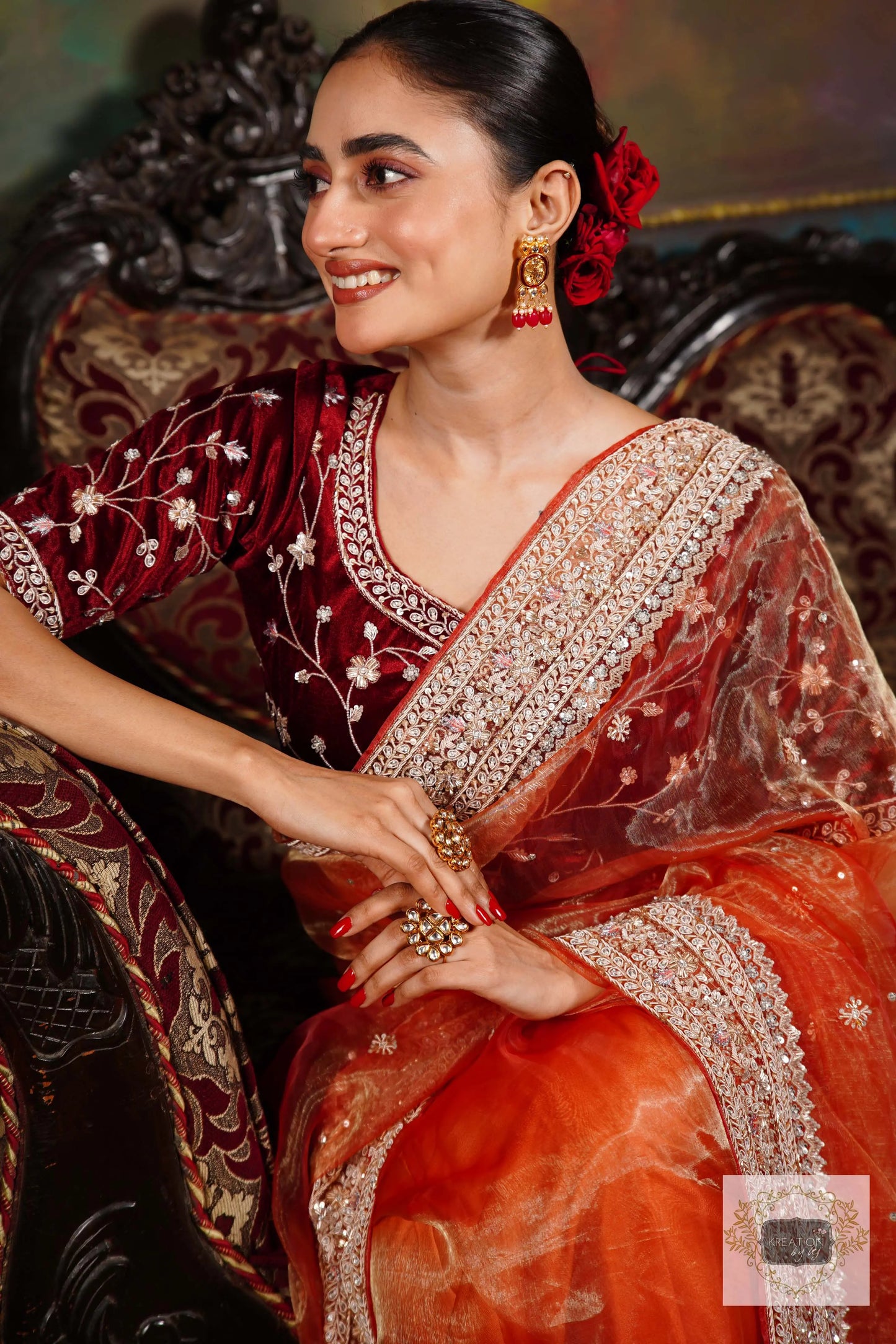 Nazakat Marigold Glass Tissue Bridal Saree kreationbykj