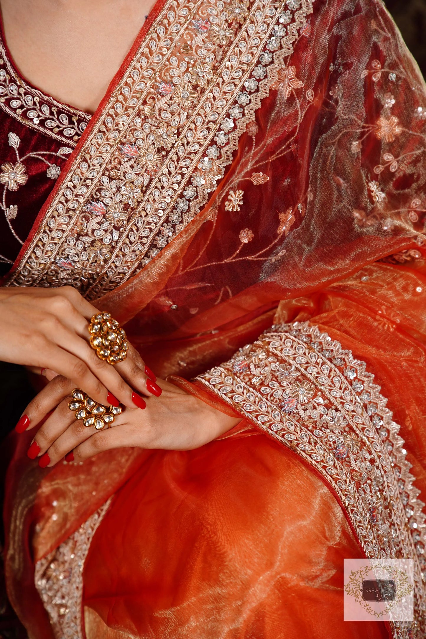 Nazakat Marigold Glass Tissue Bridal Saree kreationbykj