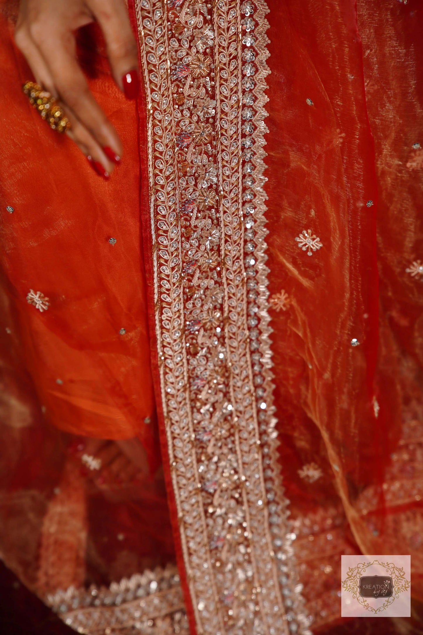 Nazakat Marigold Glass Tissue Bridal Saree kreationbykj