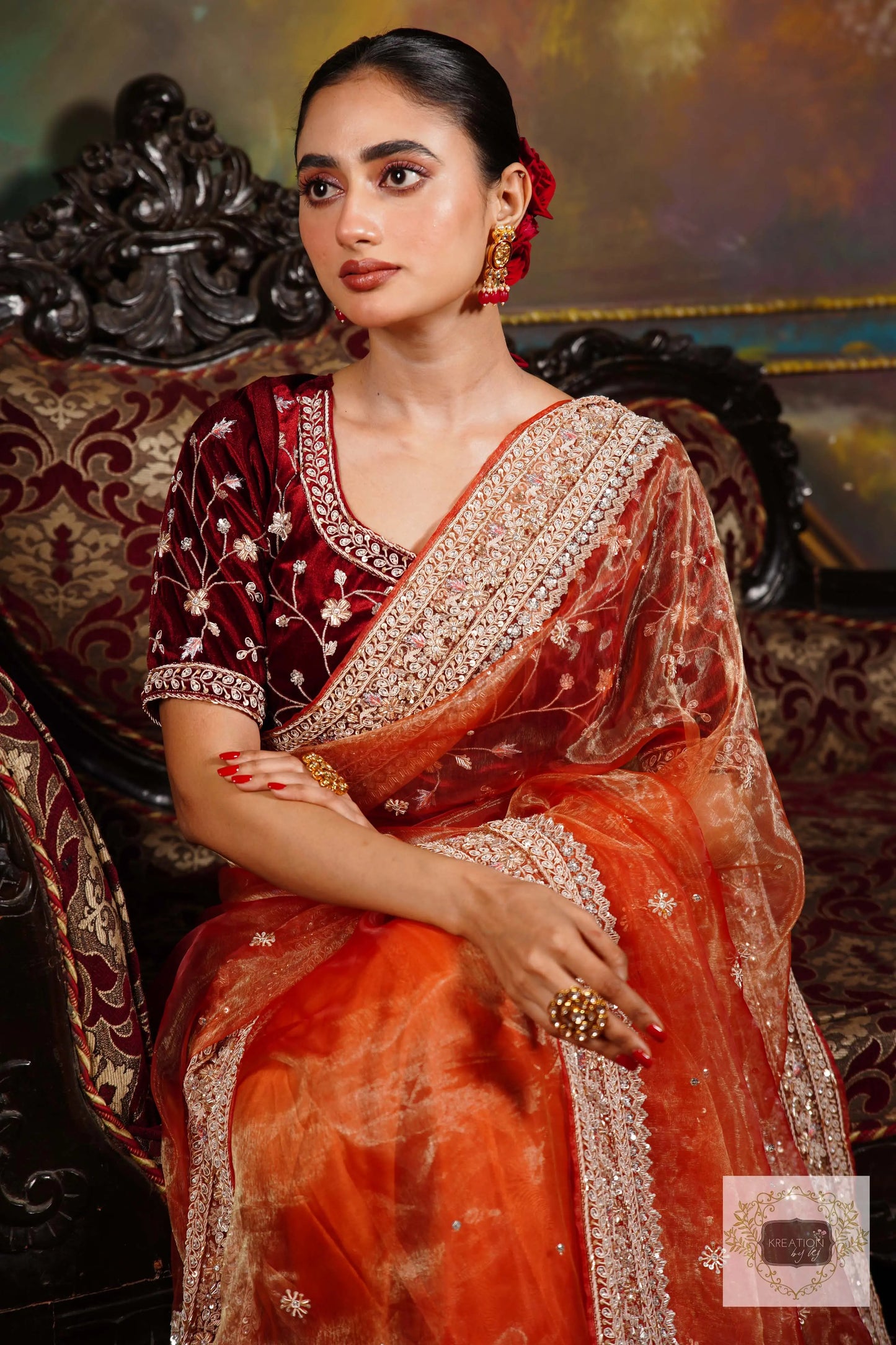 Nazakat Marigold Glass Tissue Bridal Saree kreationbykj