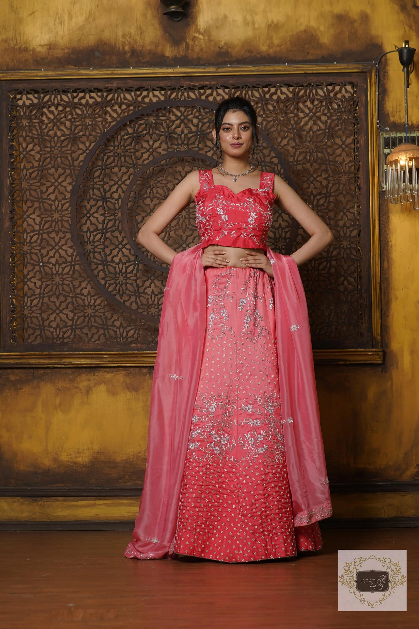 Coral Candy Handembroidered Lehenga Set kreationbykj