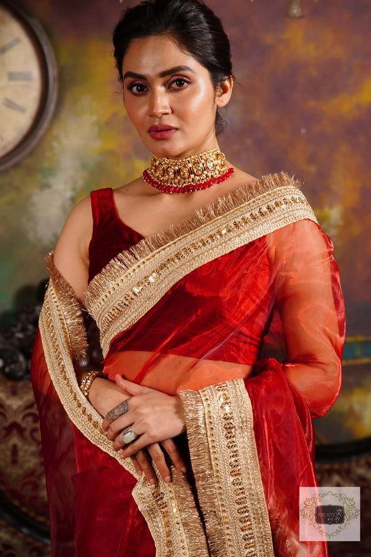 Red Glass Tissue Banno Saree