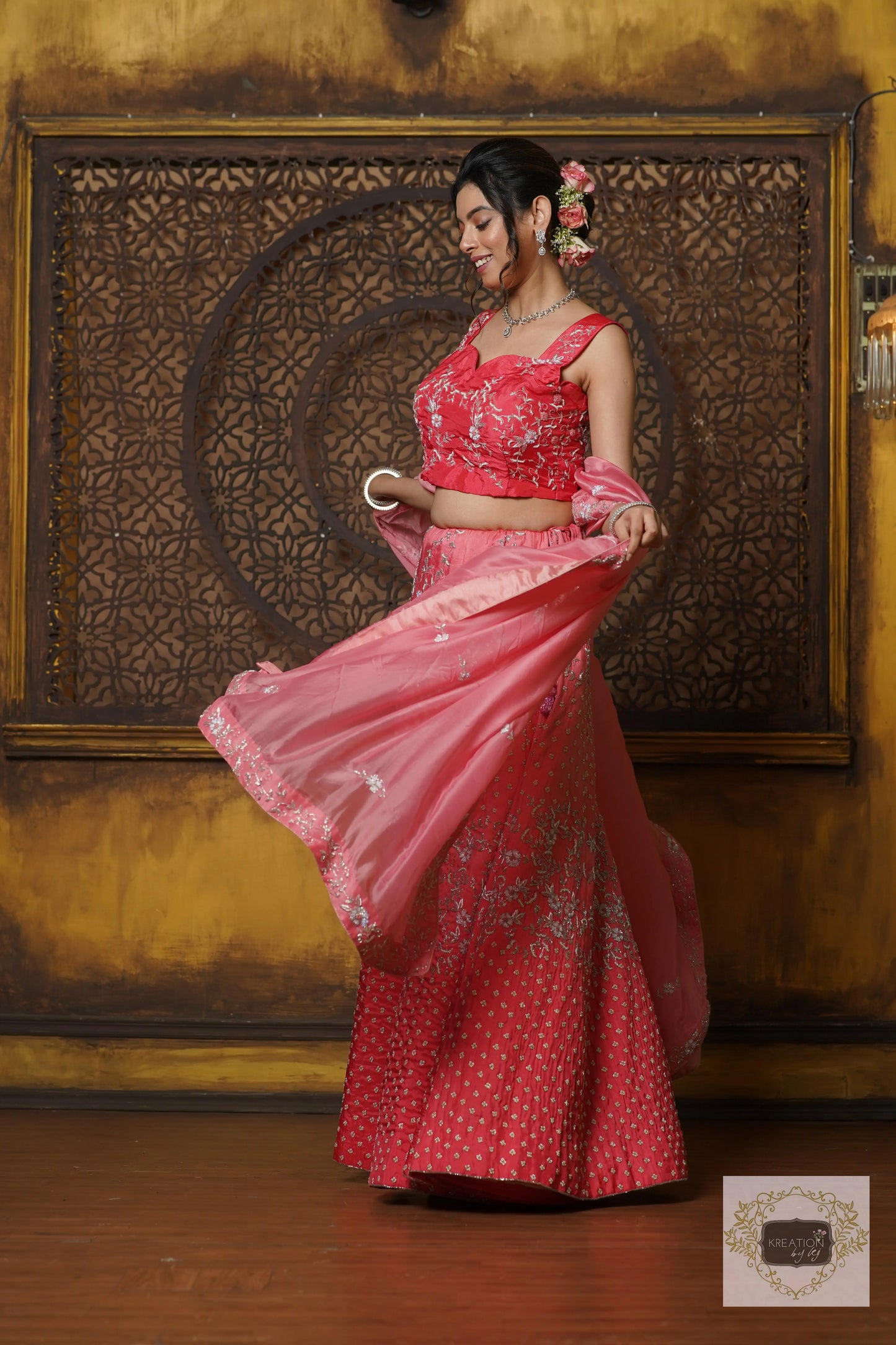 Coral Candy Handembroidered Lehenga Set kreationbykj