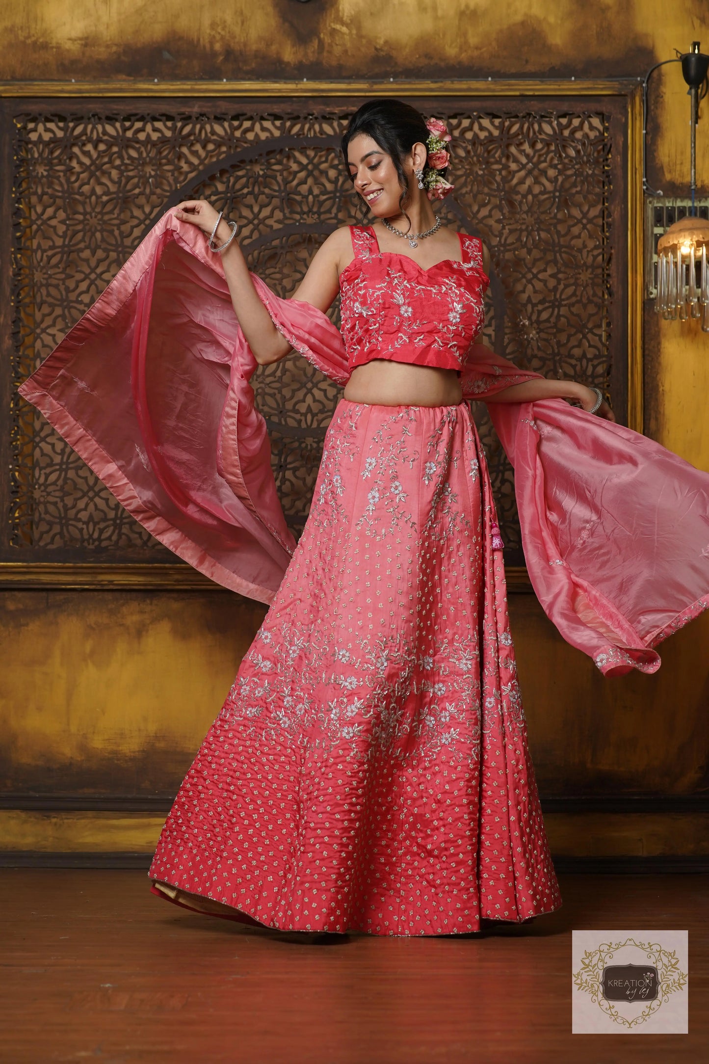 Coral Candy Handembroidered Lehenga Set kreationbykj