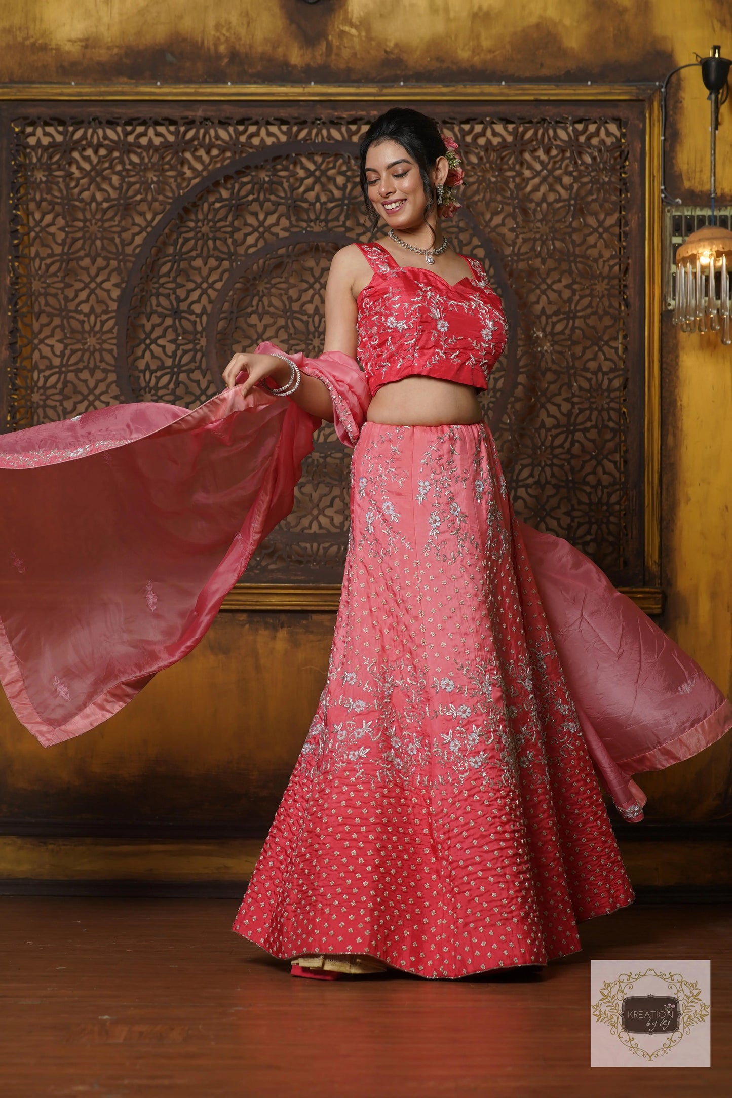 Coral Candy Handembroidered Lehenga Set kreationbykj
