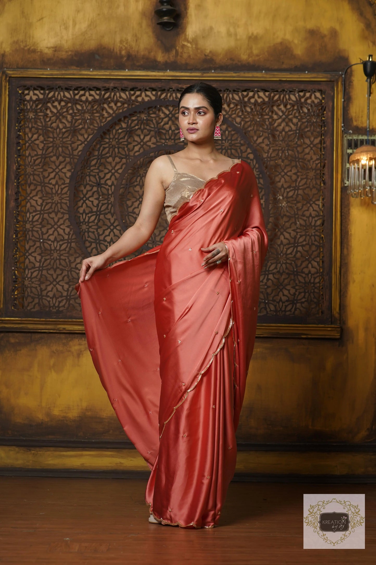 Dusty Rose Satin Silk Saree With Handembroidered Scalloping kreationbykj