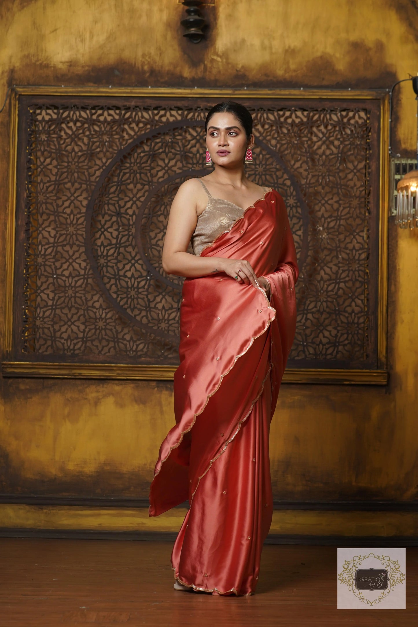 Dusty Rose Satin Silk Saree With Handembroidered Scalloping kreationbykj