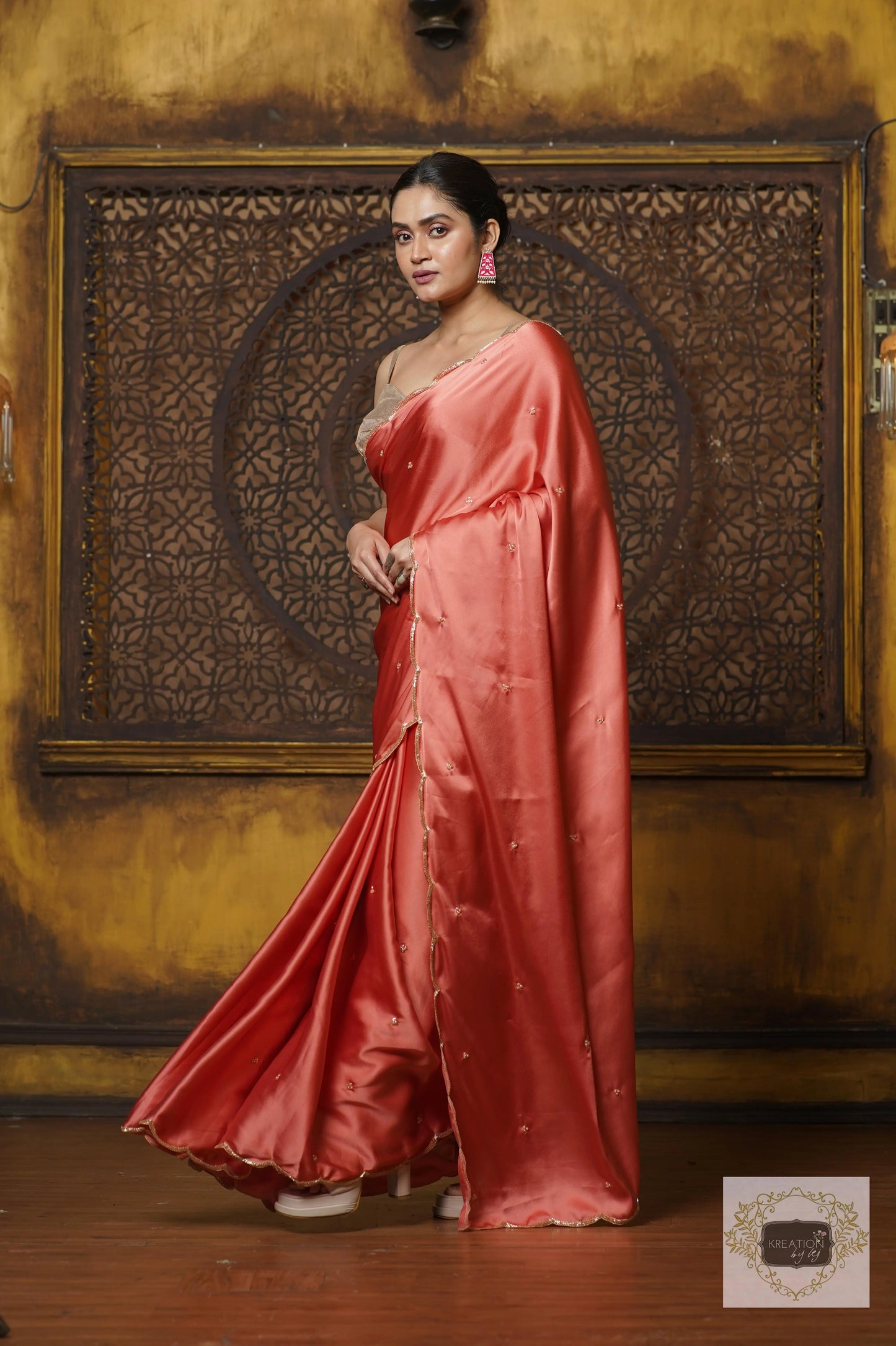 Dusty Rose Satin Silk Saree With Handembroidered Scalloping kreationbykj
