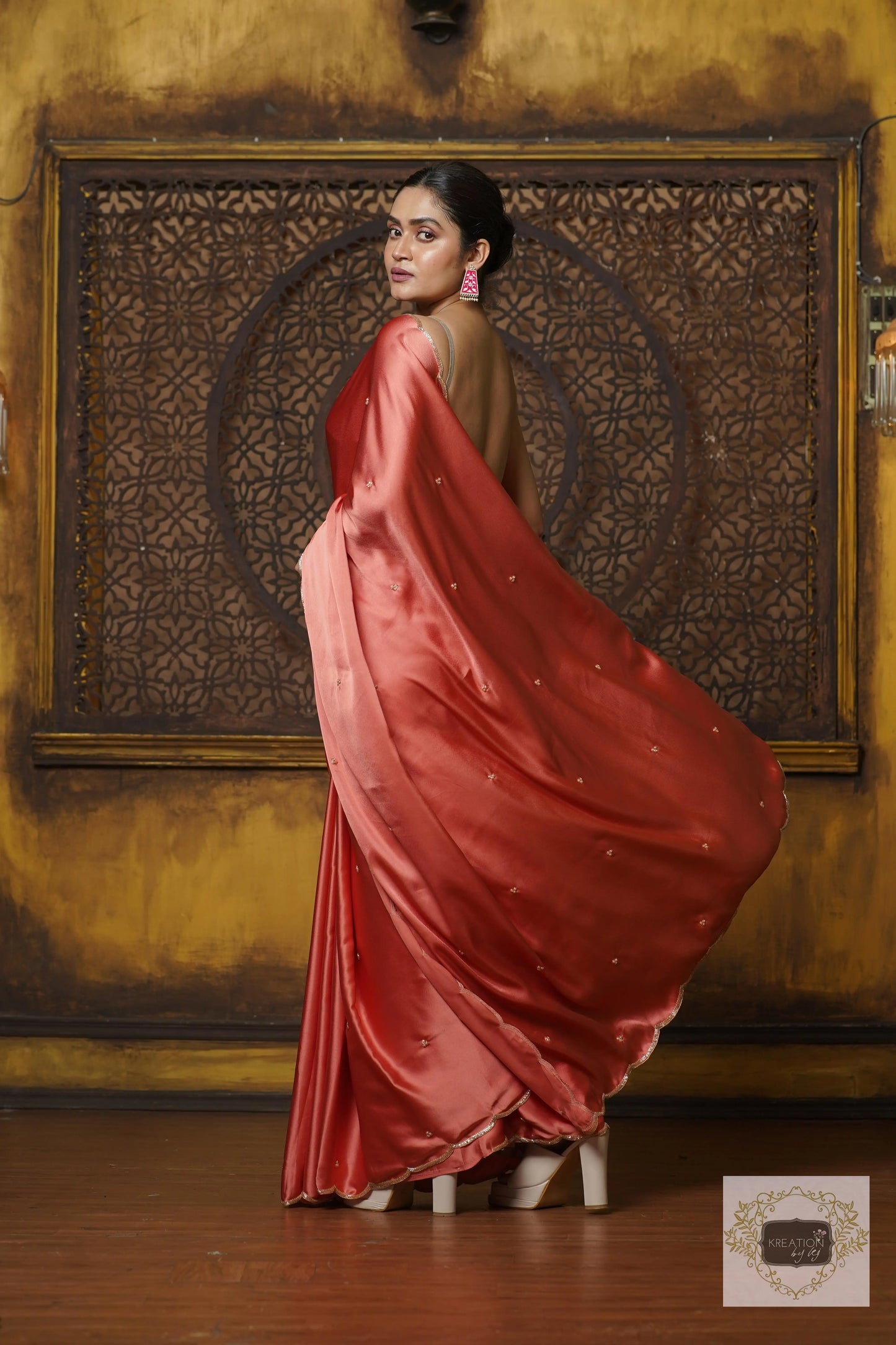 Dusty Rose Satin Silk Saree With Handembroidered Scalloping kreationbykj