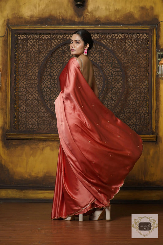 Dusty Rose Satin Silk Saree With Handembroidered Scalloping kreationbykj