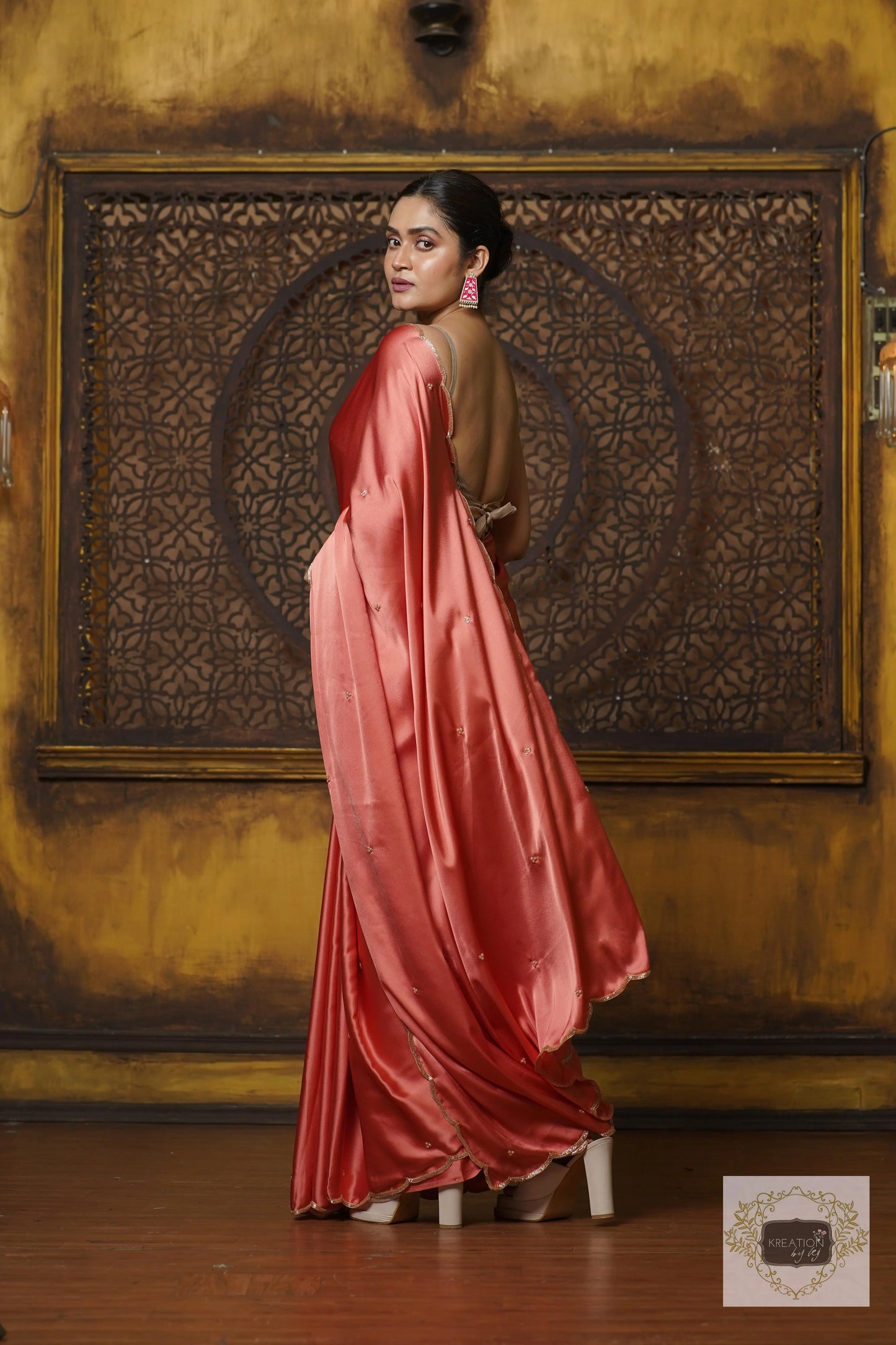 Dusty Rose Satin Silk Saree With Handembroidered Scalloping kreationbykj