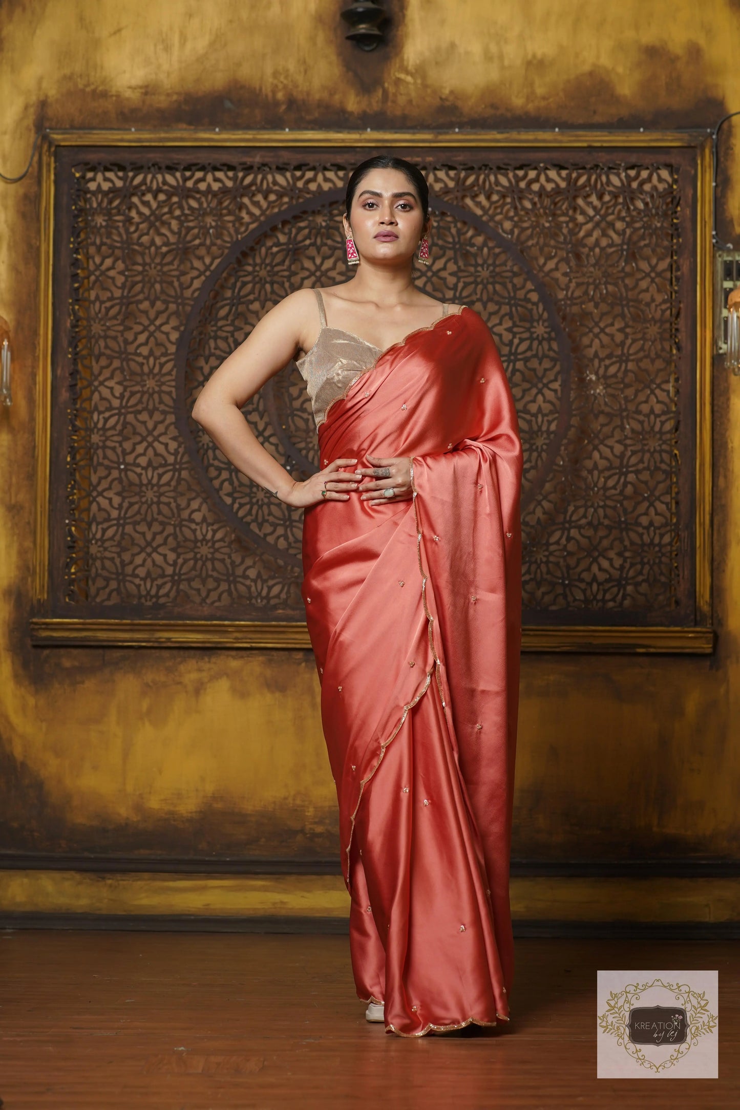 Dusty Rose Satin Silk Saree With Handembroidered Scalloping kreationbykj