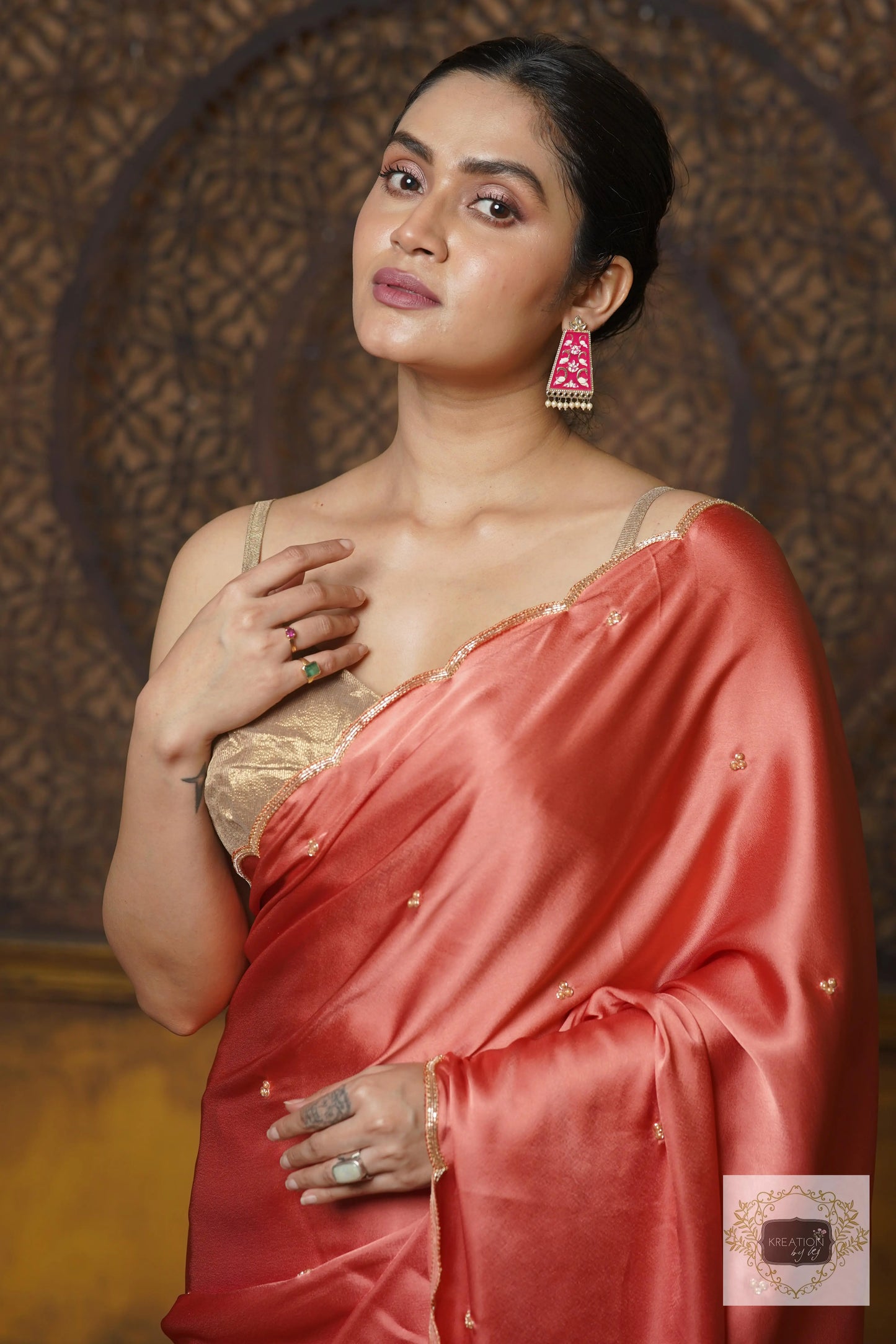 Dusty Rose Satin Silk Saree With Handembroidered Scalloping kreationbykj