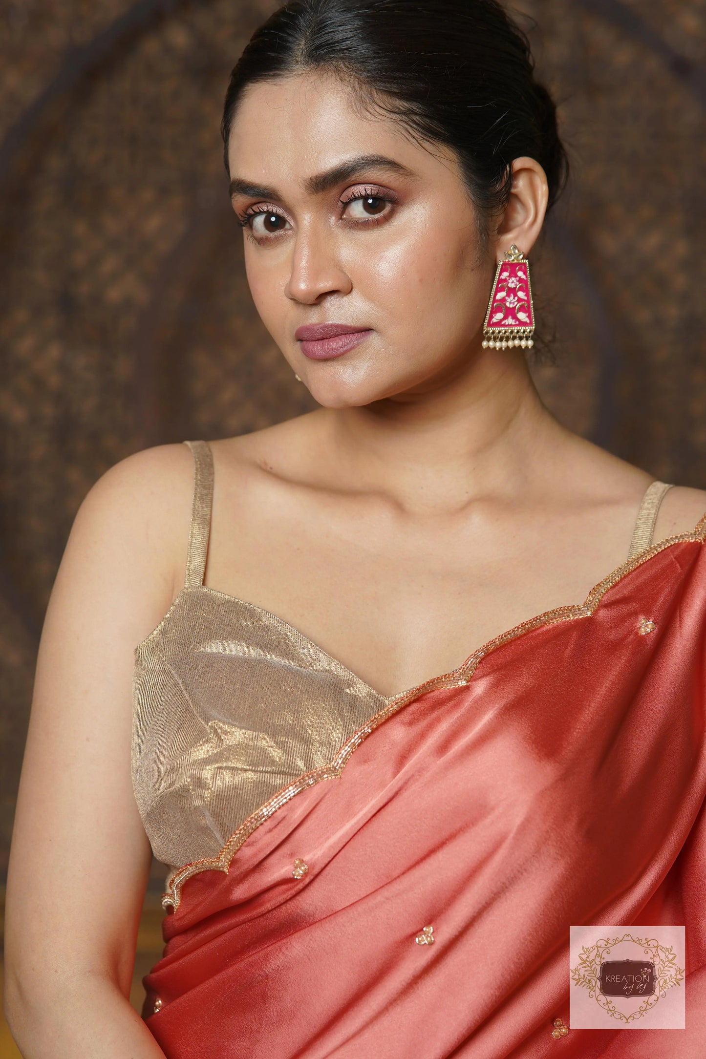 Dusty Rose Satin Silk Saree With Handembroidered Scalloping kreationbykj