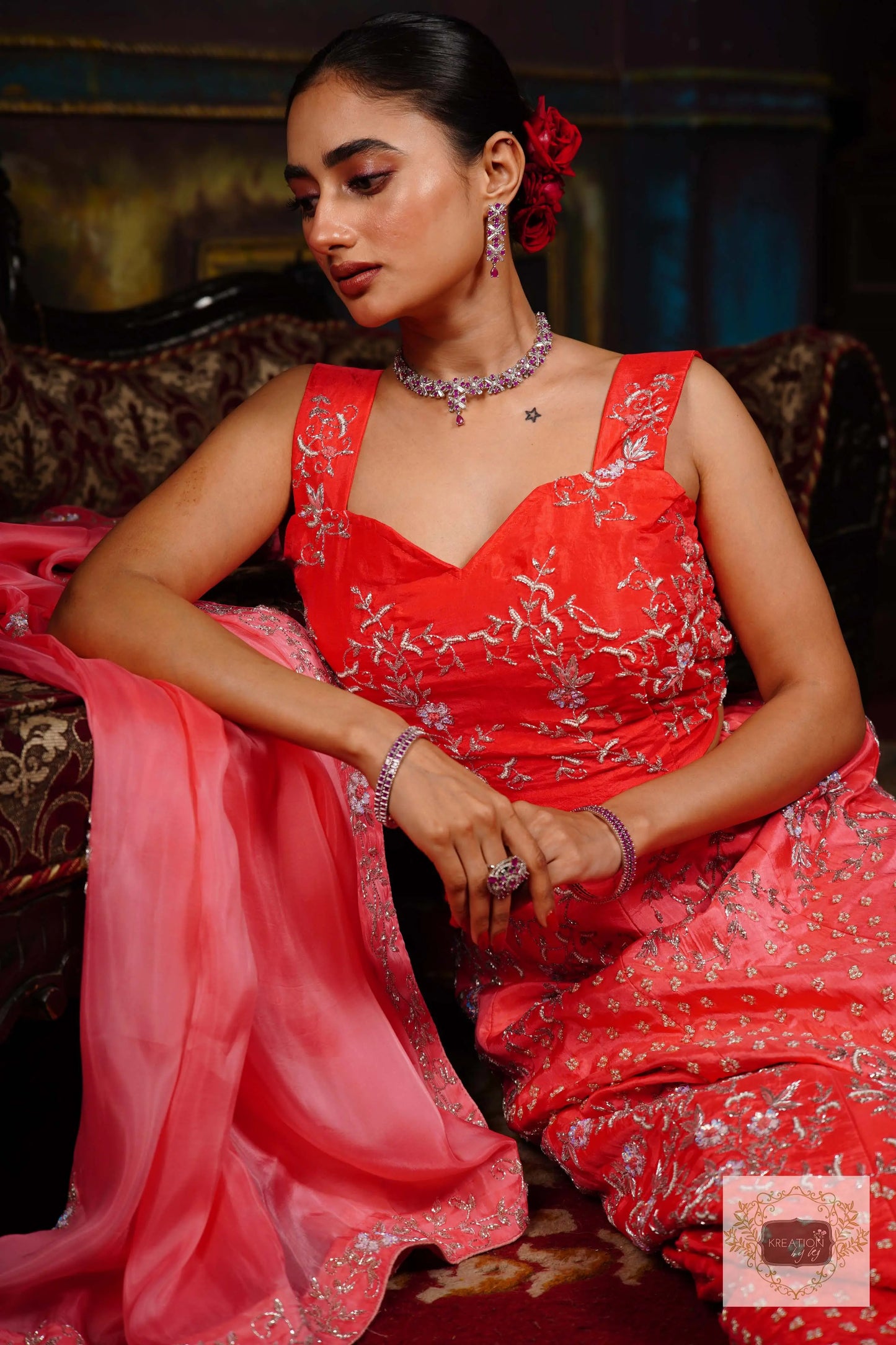 Coral Candy Handembroidered Lehenga Set kreationbykj
