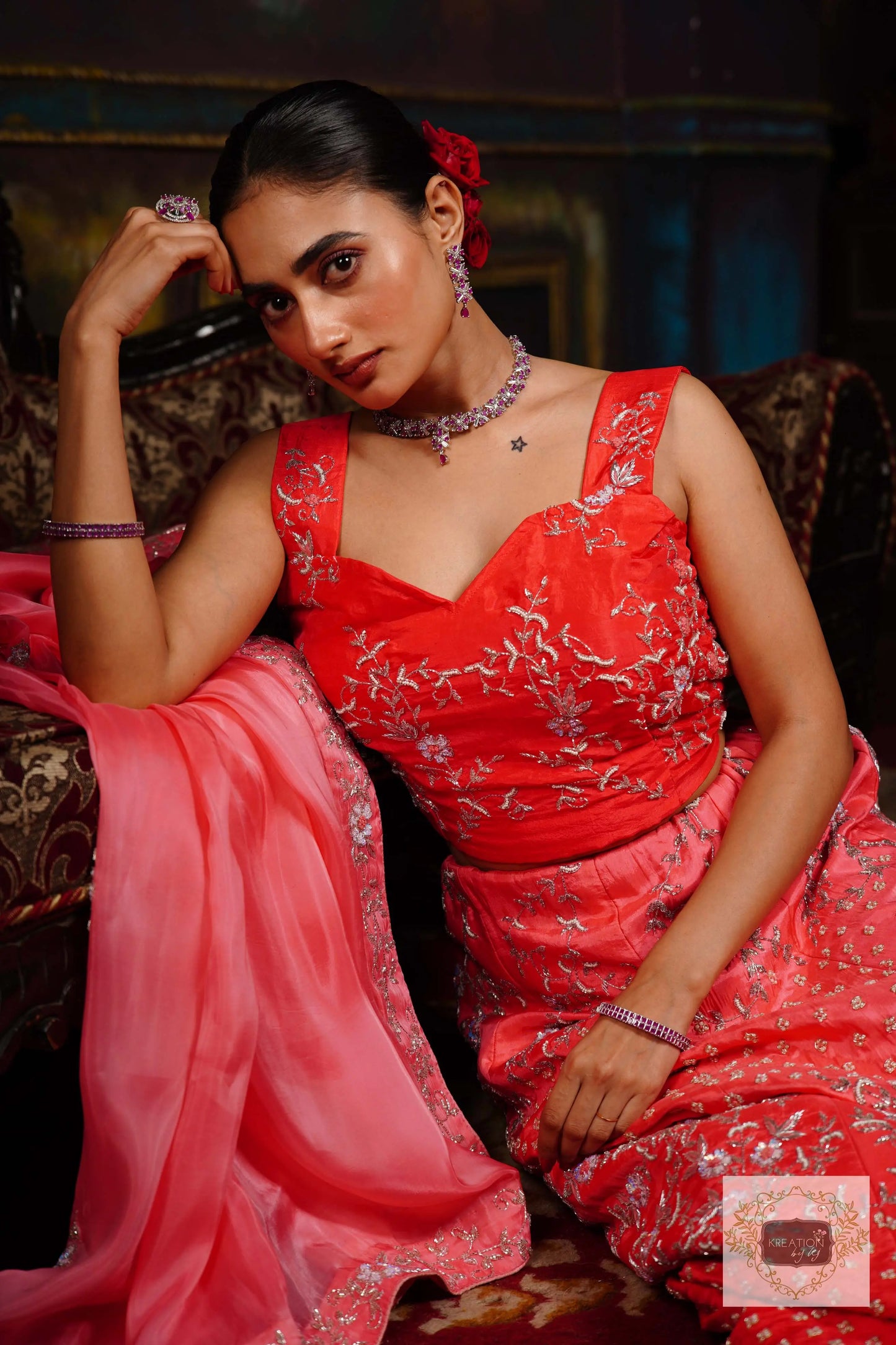Coral Candy Handembroidered Lehenga Set kreationbykj