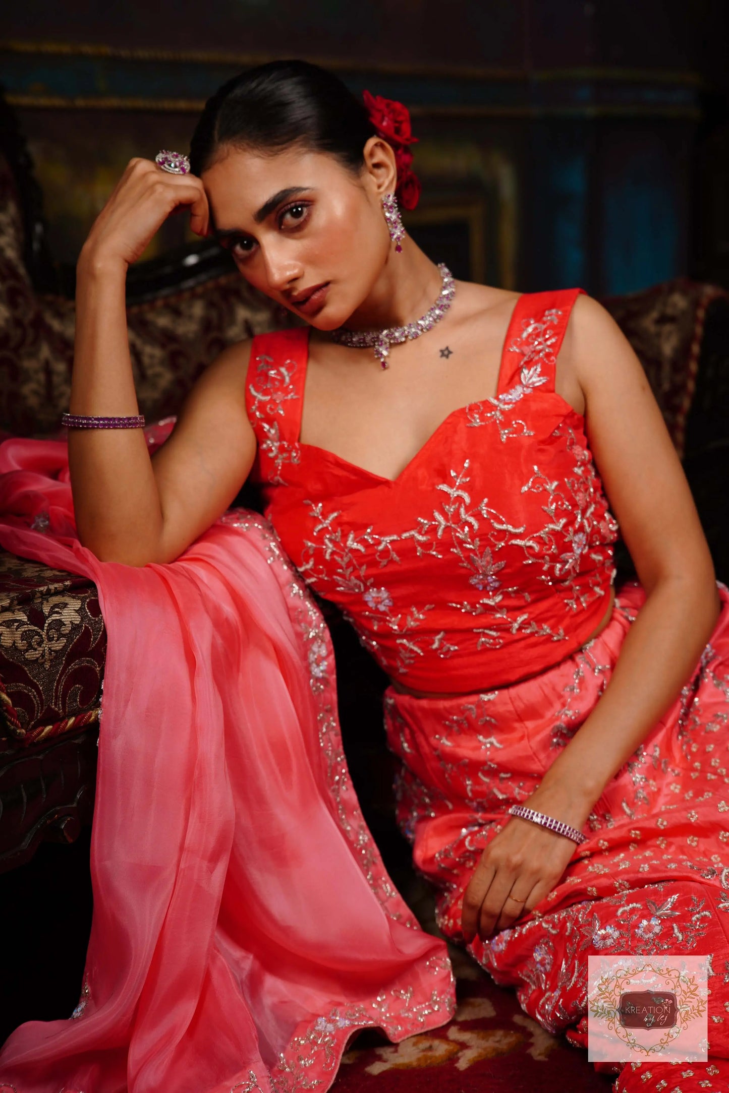 Coral Candy Handembroidered Lehenga Set kreationbykj