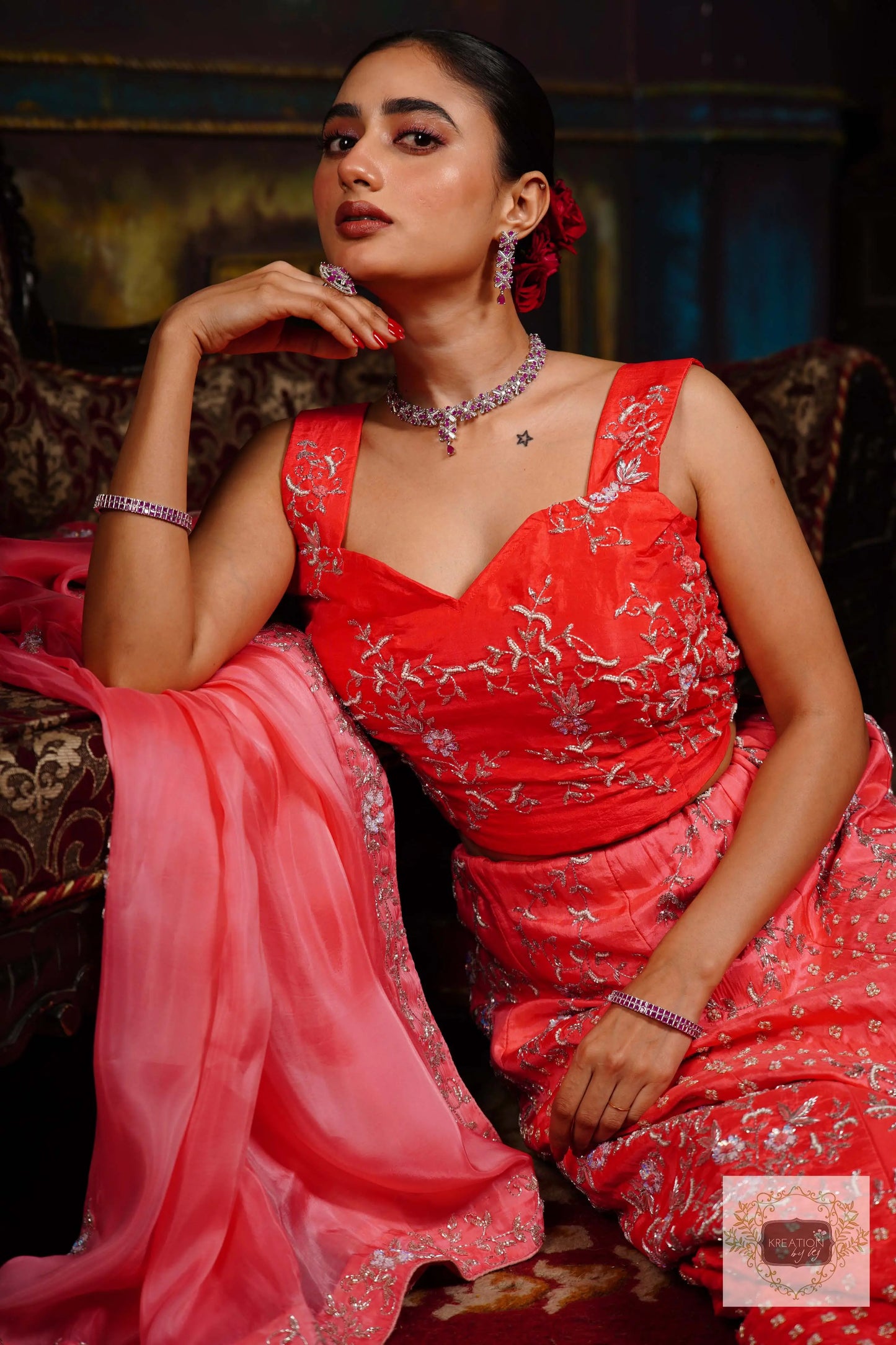 Coral Candy Handembroidered Lehenga Set kreationbykj