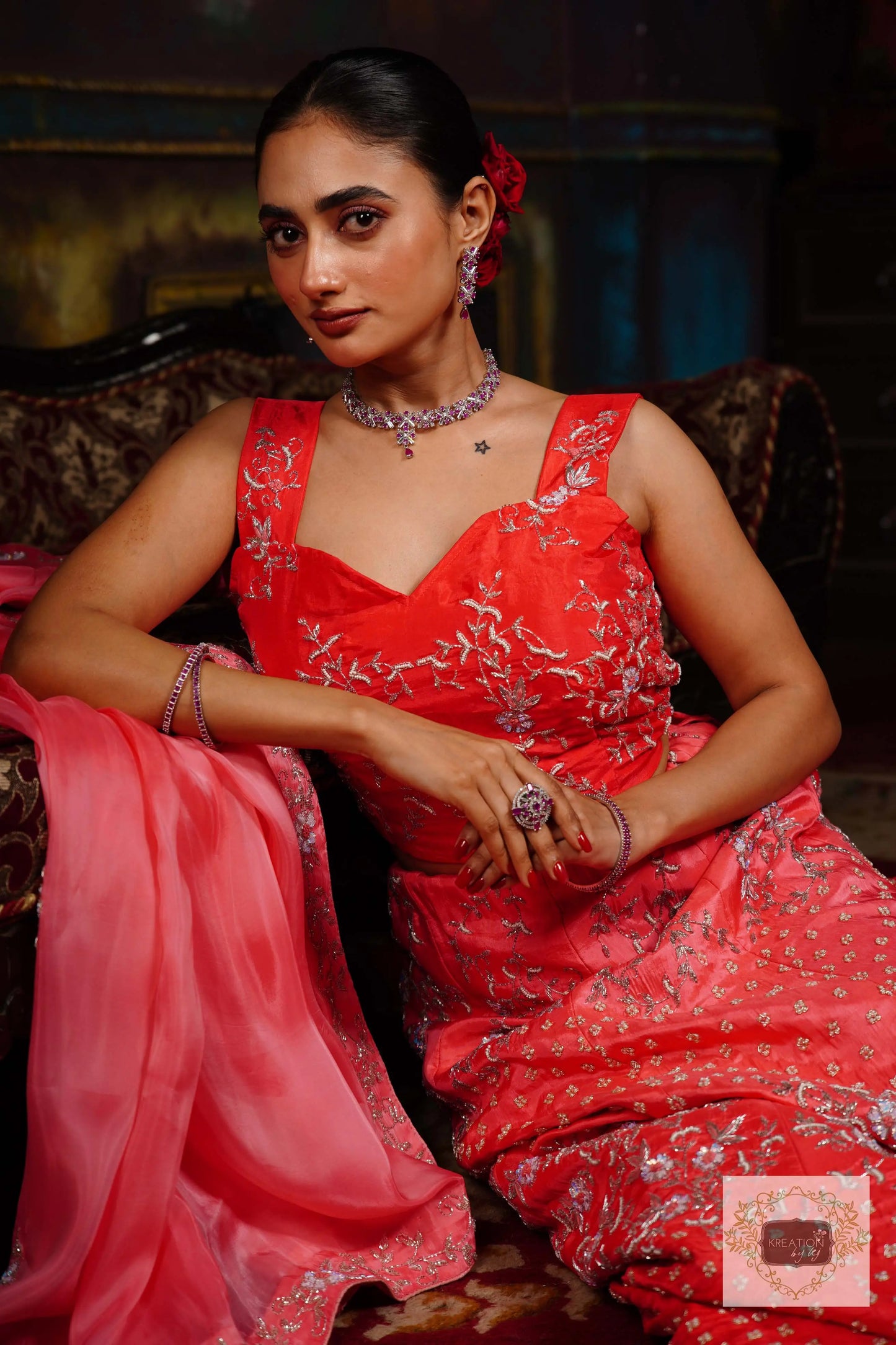 Coral Candy Handembroidered Lehenga Set kreationbykj