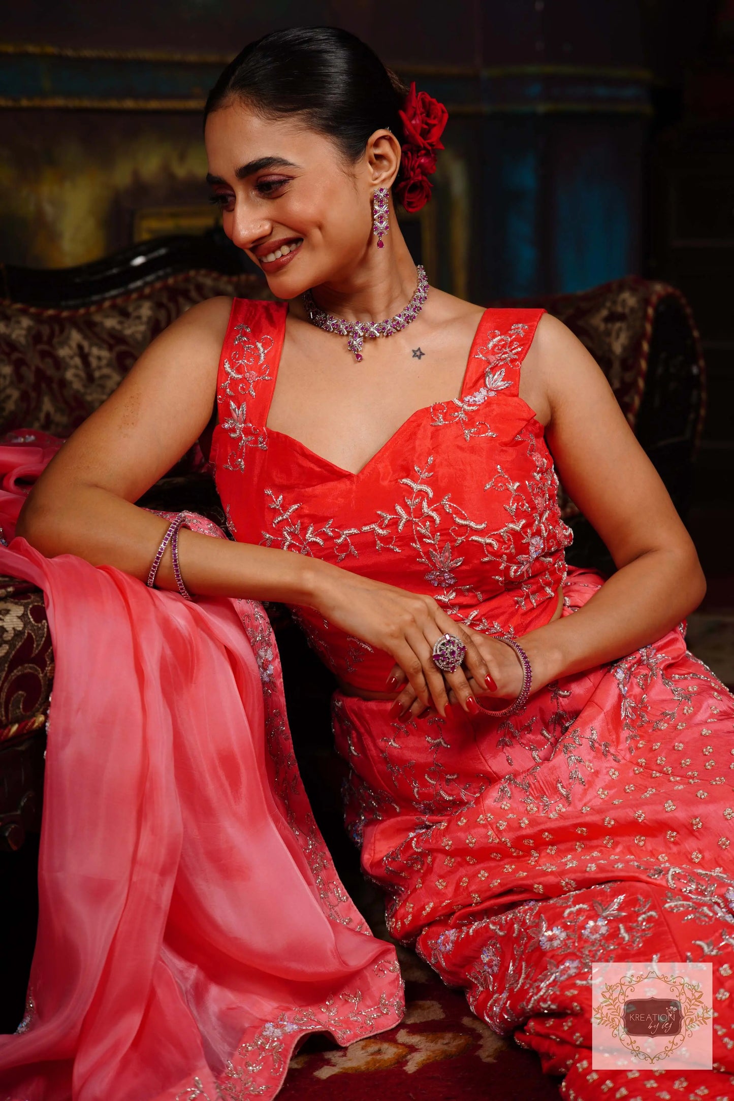 Coral Candy Handembroidered Lehenga Set kreationbykj