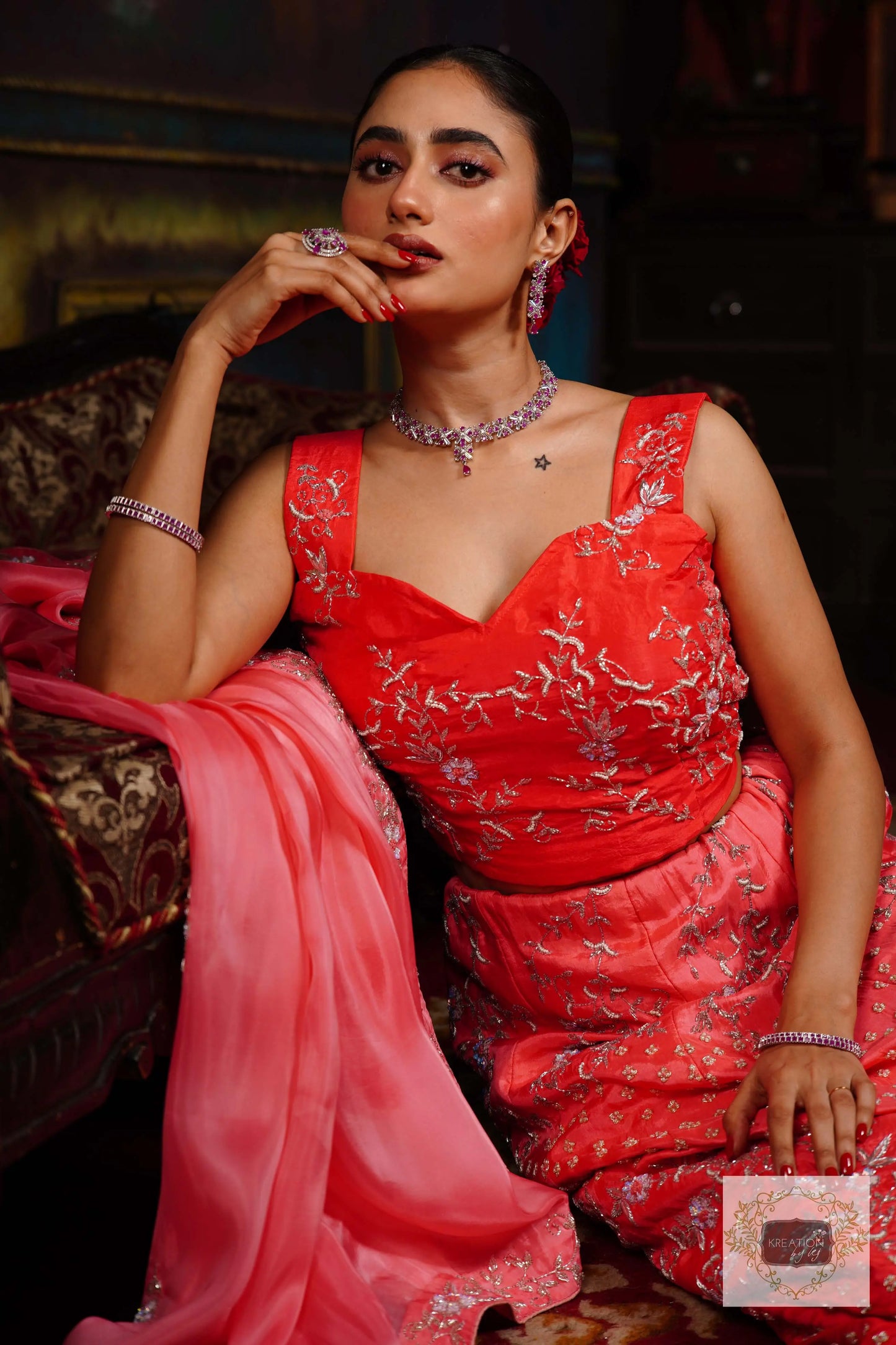 Coral Candy Handembroidered Lehenga Set kreationbykj