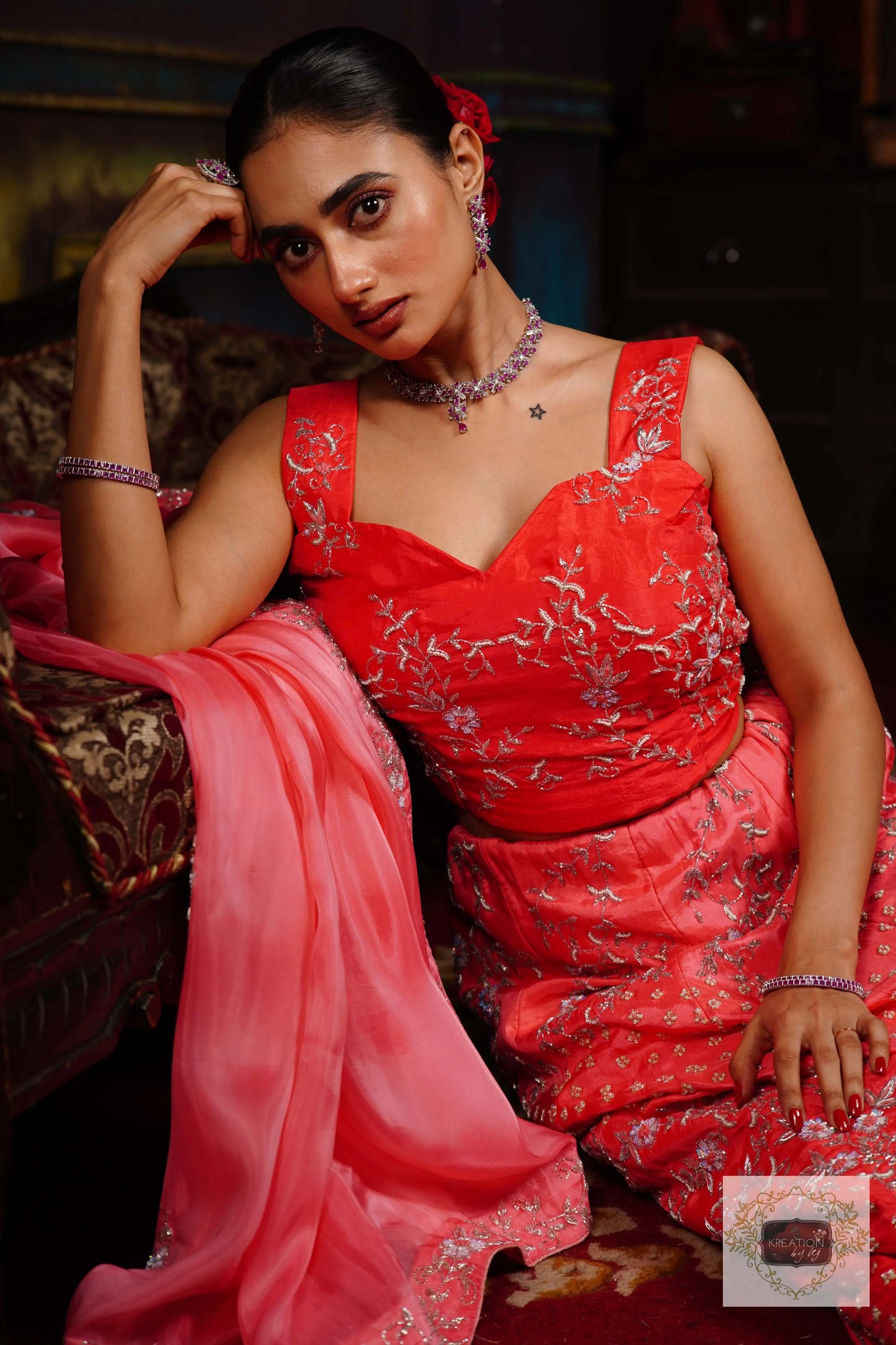 Coral Candy Handembroidered Lehenga Set kreationbykj