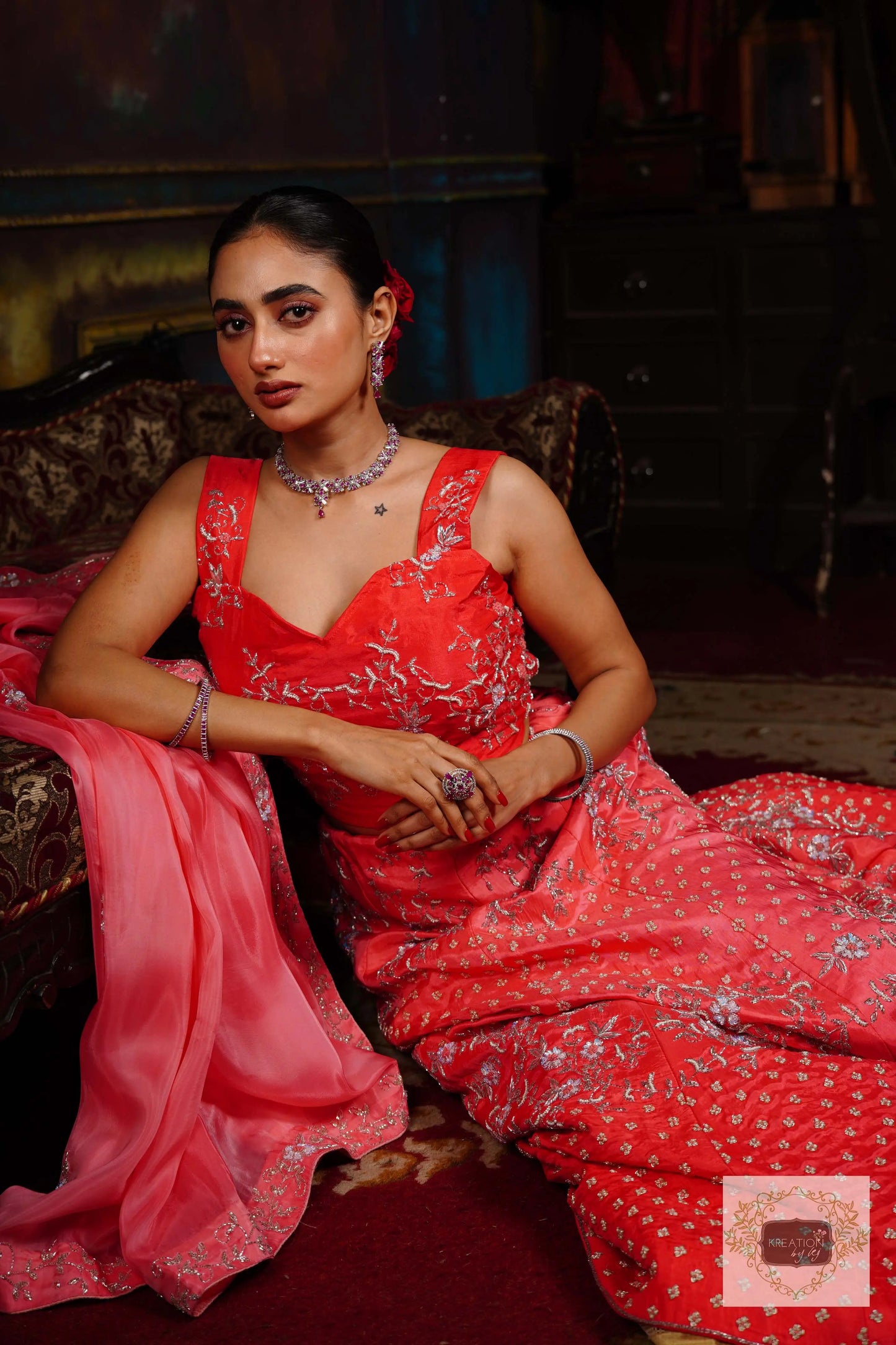 Coral Candy Handembroidered Lehenga Set kreationbykj