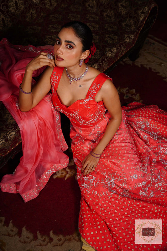 Coral Candy Handembroidered Lehenga Set kreationbykj