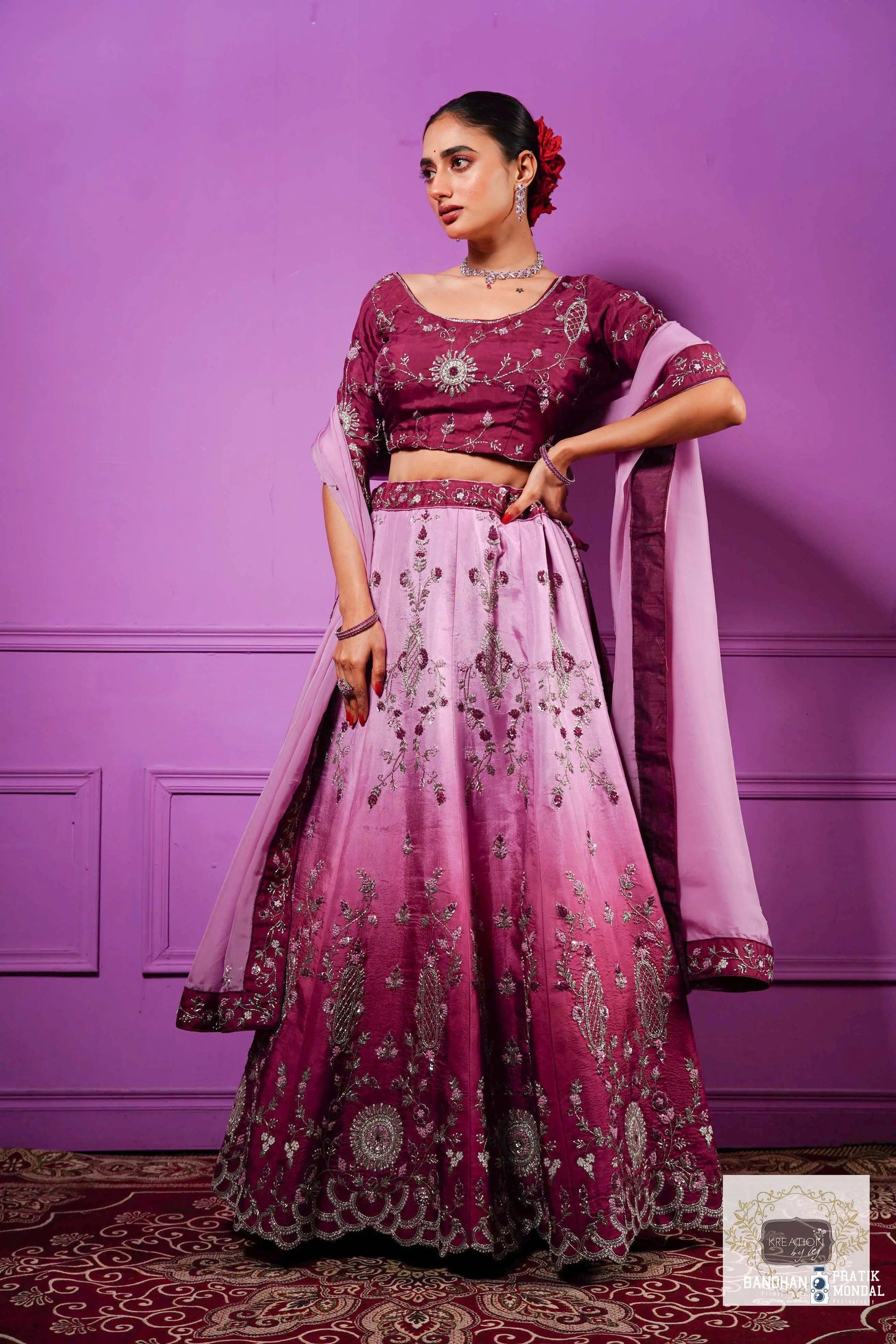 Black Currant Ombre Handembroidered Lehenga Set kreationbykj