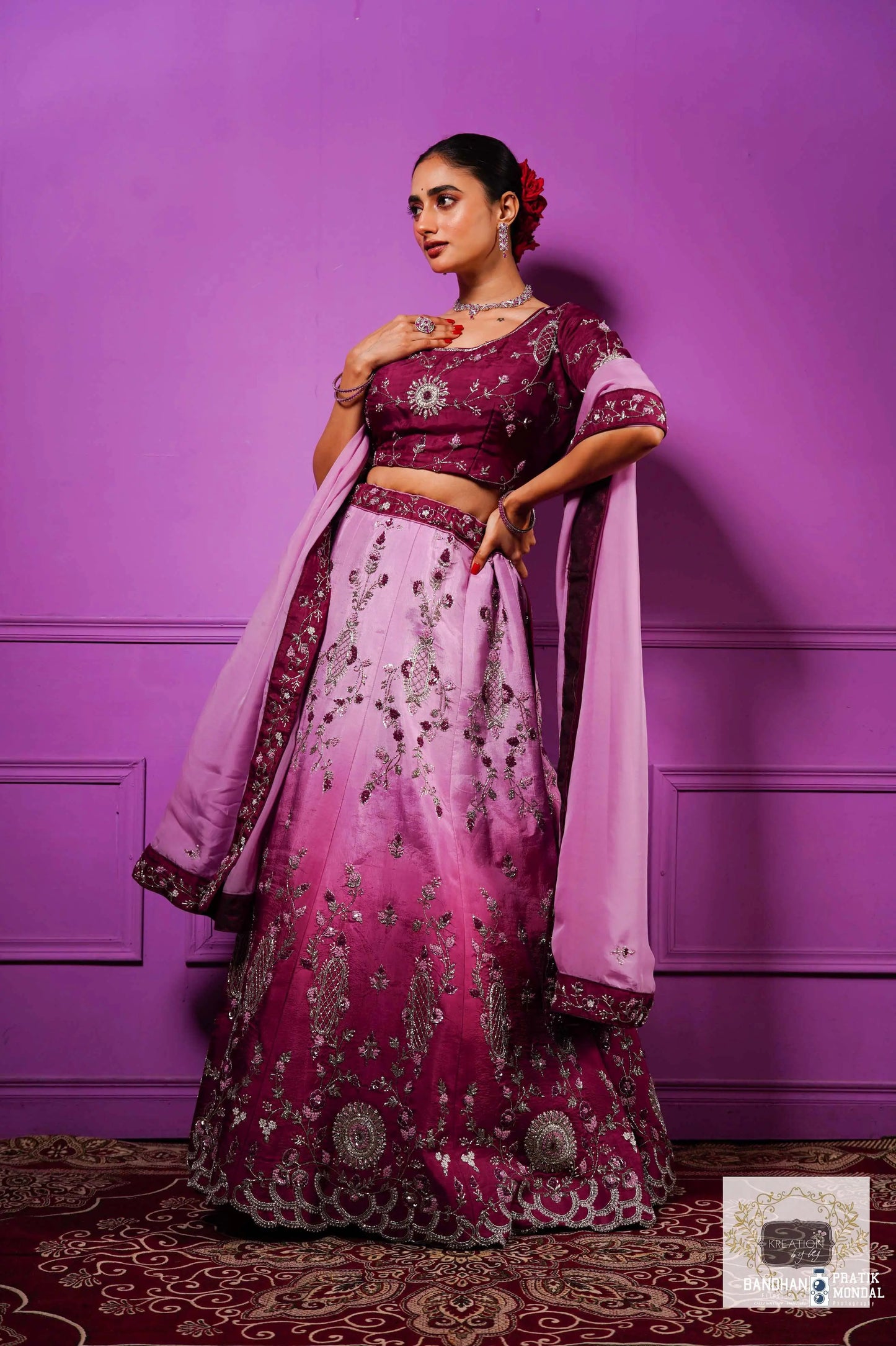 Black Currant Ombre Handembroidered Lehenga Set kreationbykj