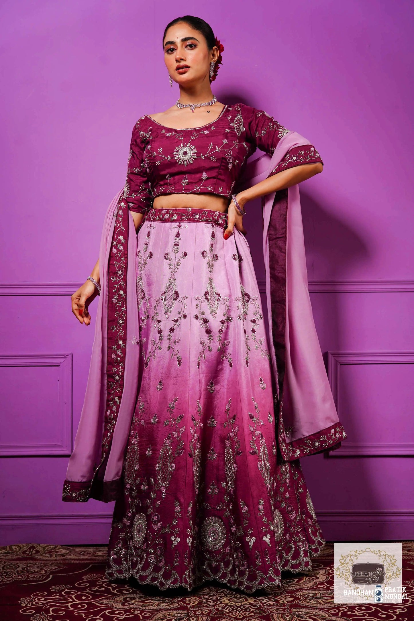 Black Currant Ombre Handembroidered Lehenga Set kreationbykj