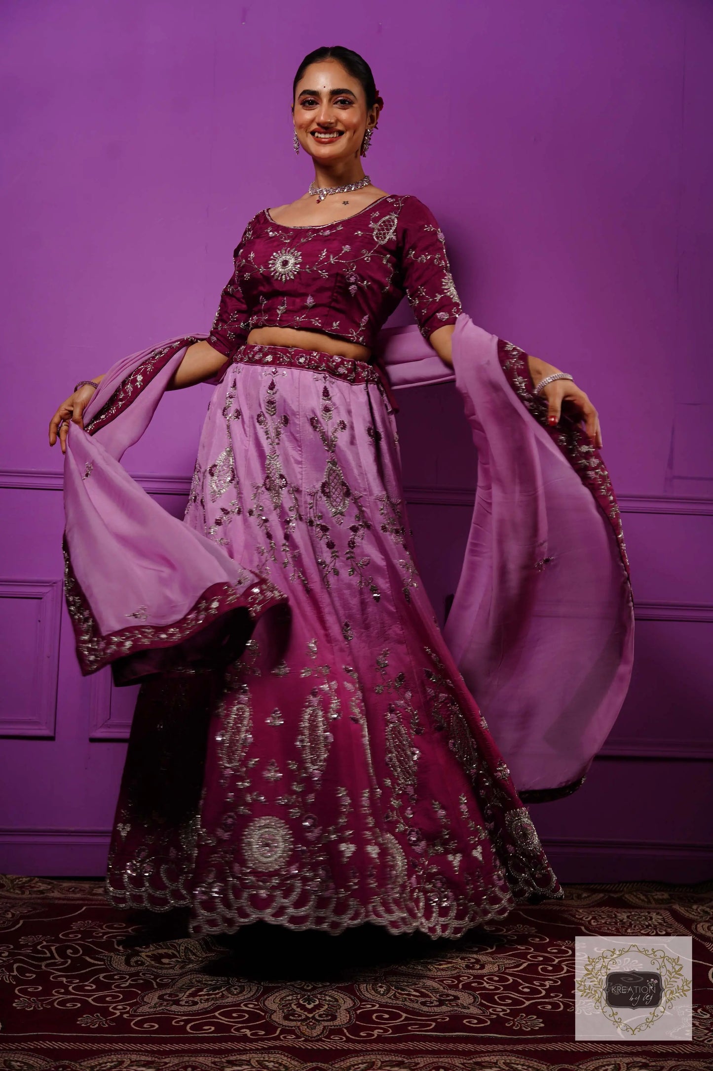Black Currant Ombre Handembroidered Lehenga Set kreationbykj