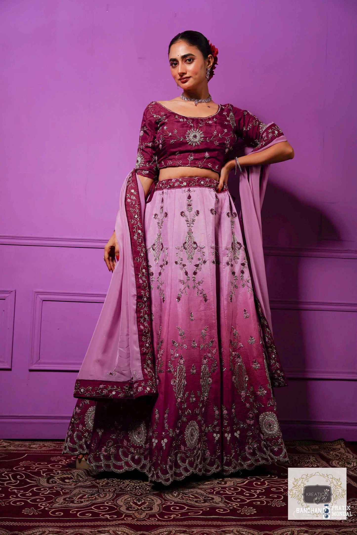 Black Currant Ombre Handembroidered Lehenga Set kreationbykj