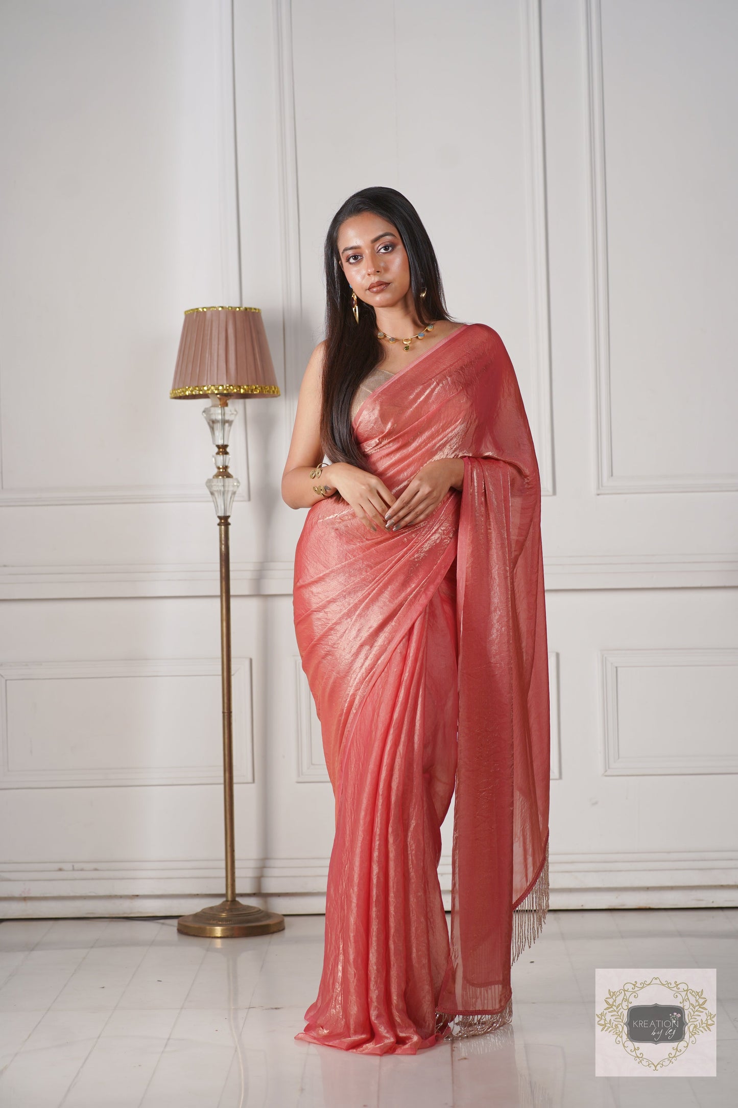 Old Rose Metallic Shimmer Satin Saree kreationbykj